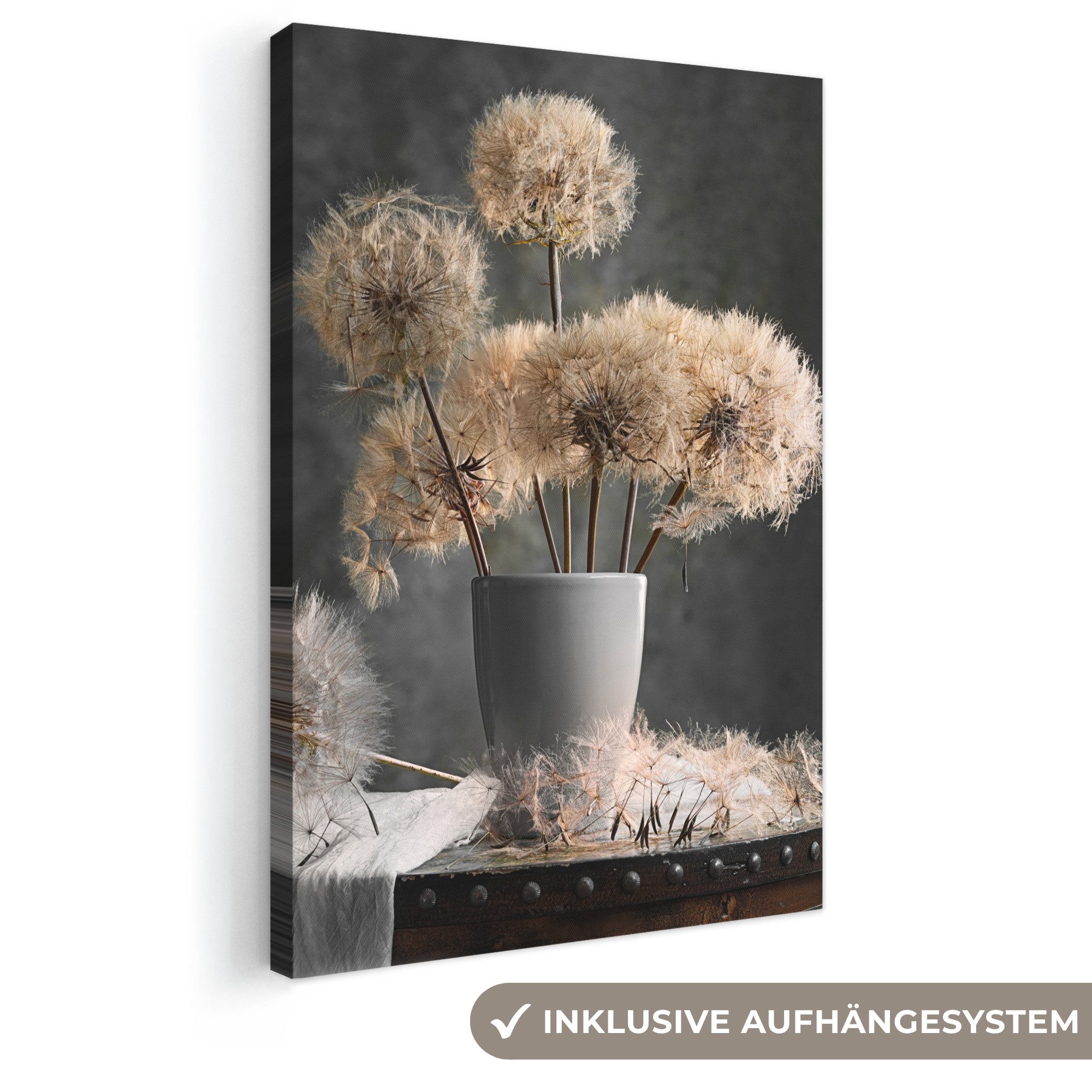 OneMillionCanvasses® Leinwandbild Blumensamen - Löwenzahn - Vase - Stilleben - Blumenstrauß, Fotodruck (1 St), Leinwand Canvas Wandbild, Wanddekoration 20x30 cm