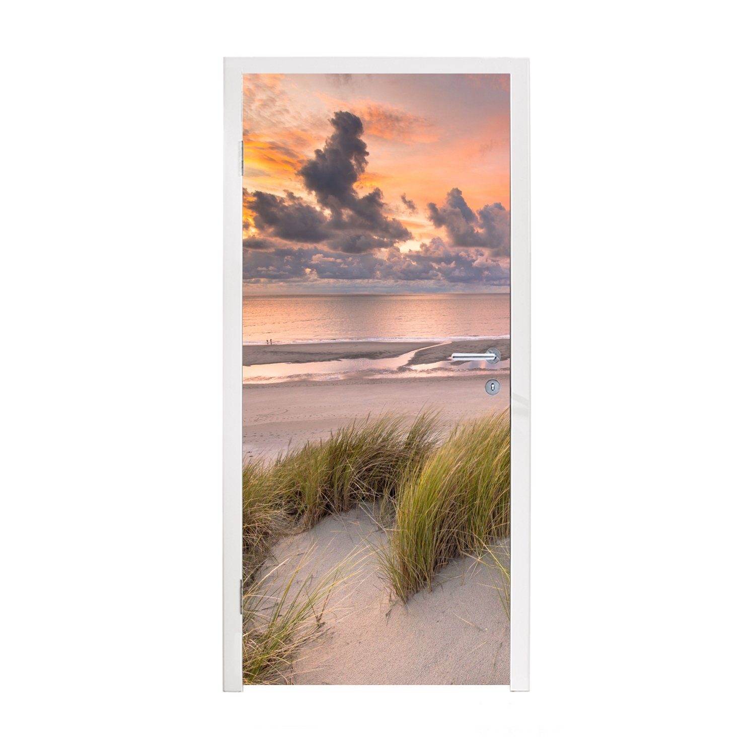 MuchoWow Türtapete Sonnenuntergang - Düne - Strand - Pflanzen - Meer, Matt, bedruckt, (1 St), Selbstklebende Tapete, Folie für Möbel, 75x205 cm