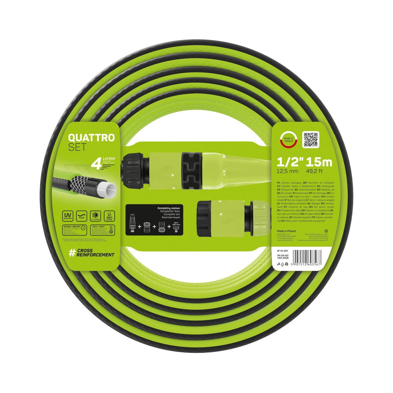 Cellfast Gartenschlauch 10-091 Quatrro Schlauchset 4-Lagen-Schlauch 15m 1/2", Gartenschlauch mit Spritze Schnellkupplung Anschluss UV-beständig