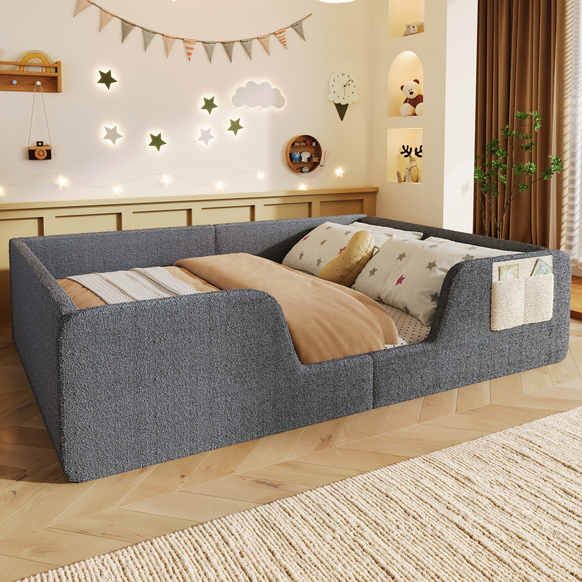 Merax Polsterbett 140x190cm mit abnehmbarer Sicherheitsleiste (Jugendbett Babybett Einzelbett, 1-tlg), Bodenbett Kinderbett mit Aufbewahrungstasche & Lattenrost – Bild 4 von 5