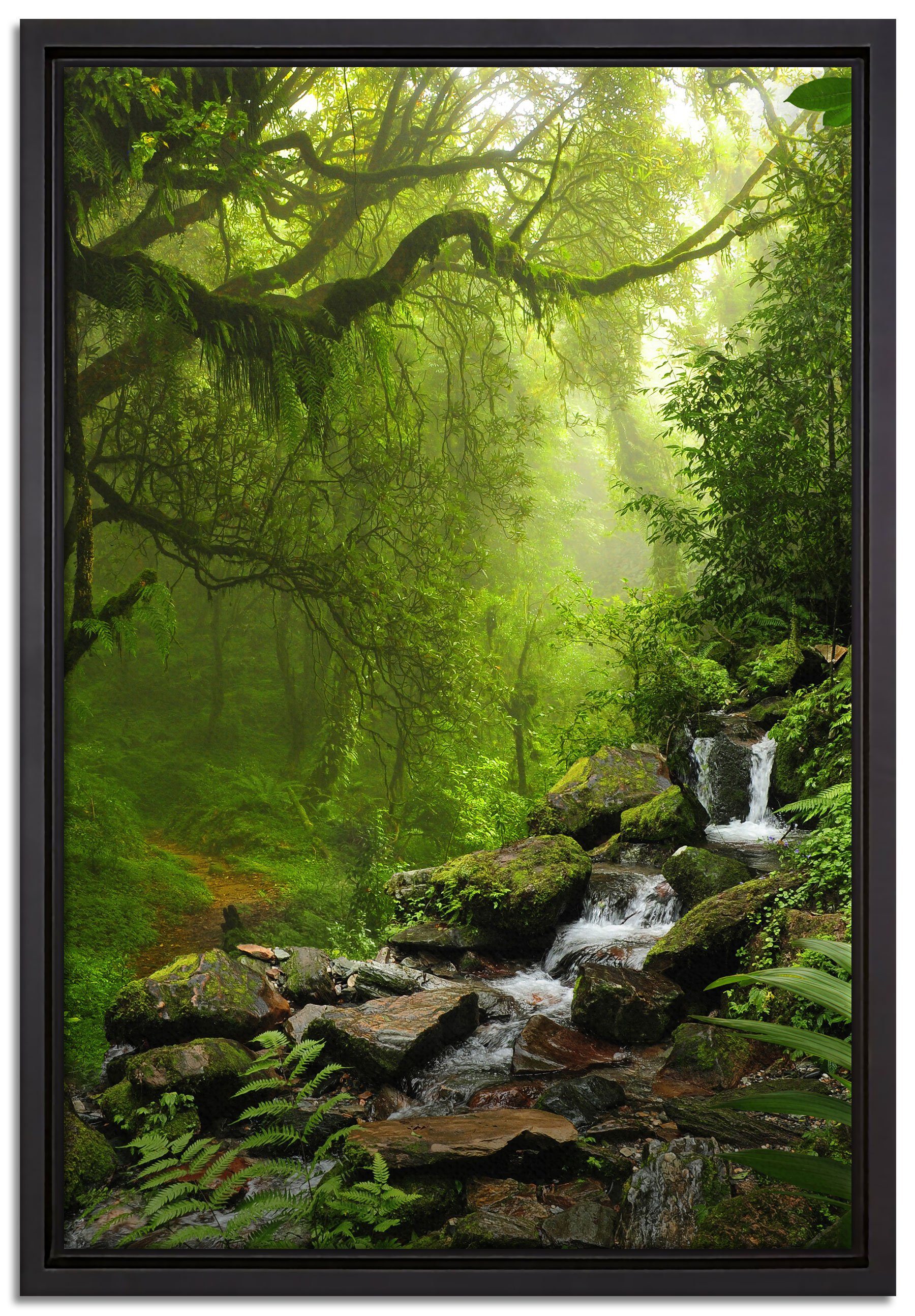 Pixxprint Leinwandbild Kleinder Wasserfall im Dschungel, Wanddekoration (1 St), Leinwandbild fertig bespannt, in einem Schattenfugen-Bilderrahmen gefasst, inkl. Zackenaufhänger