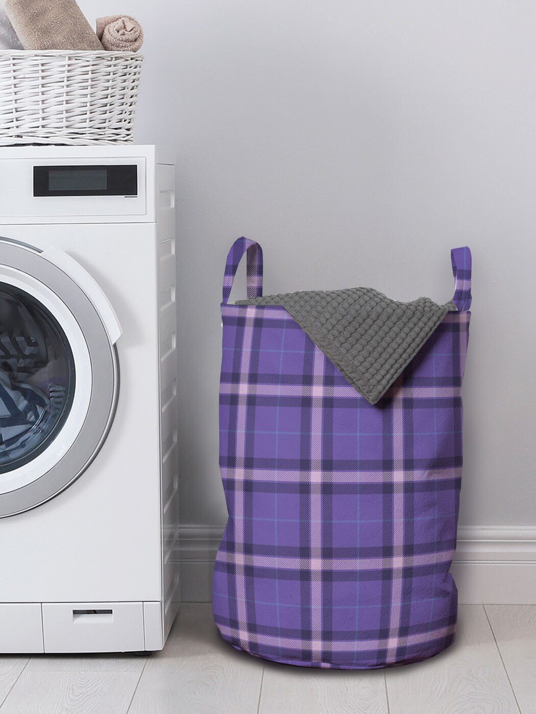 Kordelzugverschluss Abakuhaus mit Griffen Waschsalons, Violescent Tartan-Muster Wäschekorb Violett Wäschesäckchen für