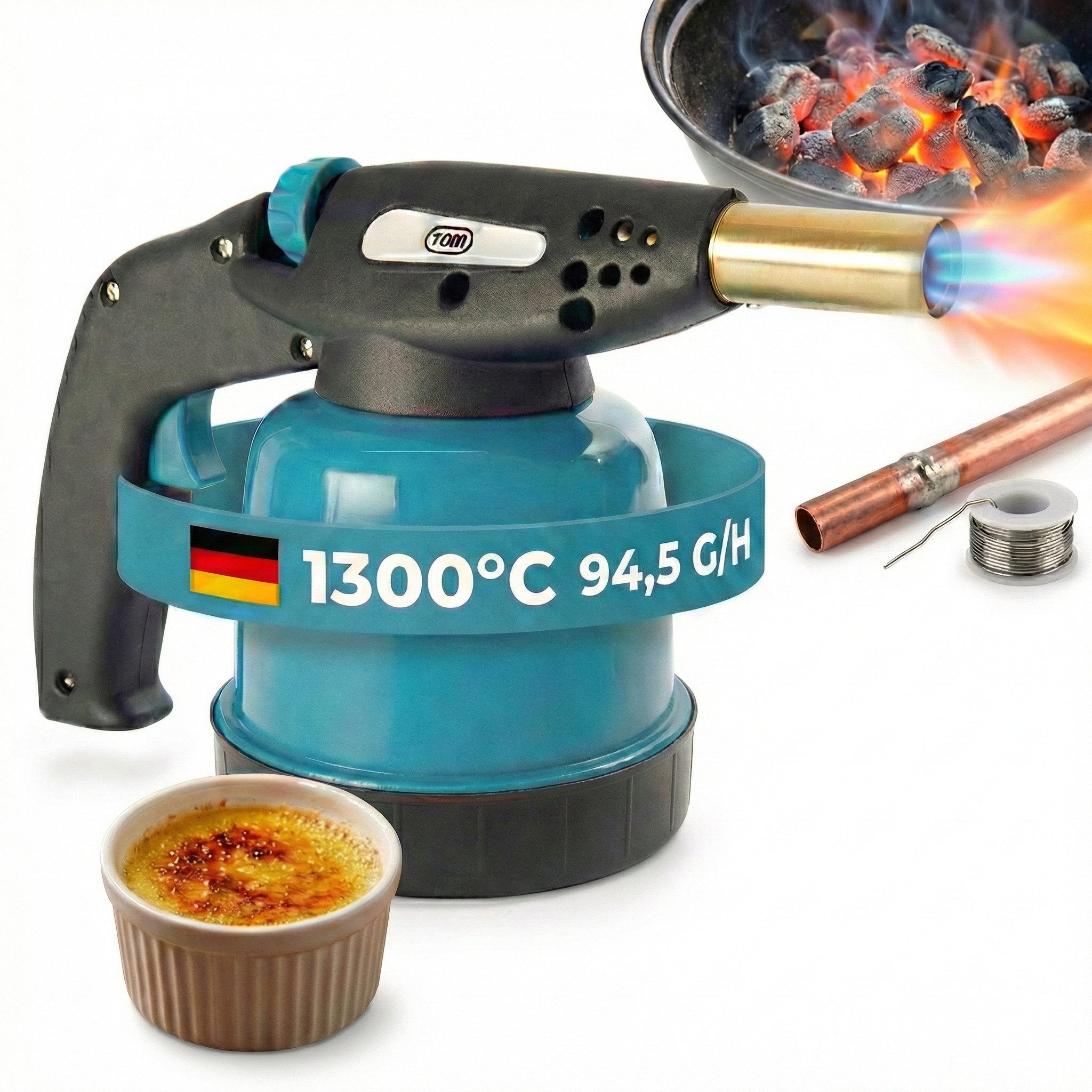 TOM Flambierbrenner Lötbrenner Bunsenbrenner Set optional 4x 190g Gaskartuschen Gasbrenner, (1-tlg), 1300°C, Piezzozündung, 94,5 g/h, 1300W