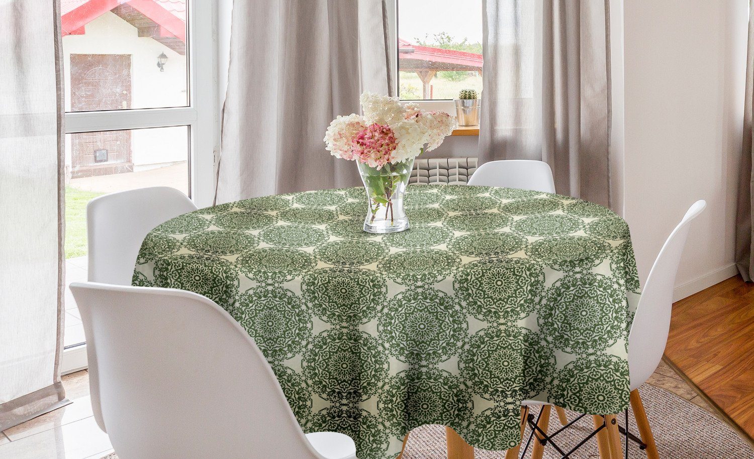 Abakuhaus Tischdecke Kreis Tischdecke Abdeckung für Esszimmer Küche Dekoration, Blumen Blühend Round Element
