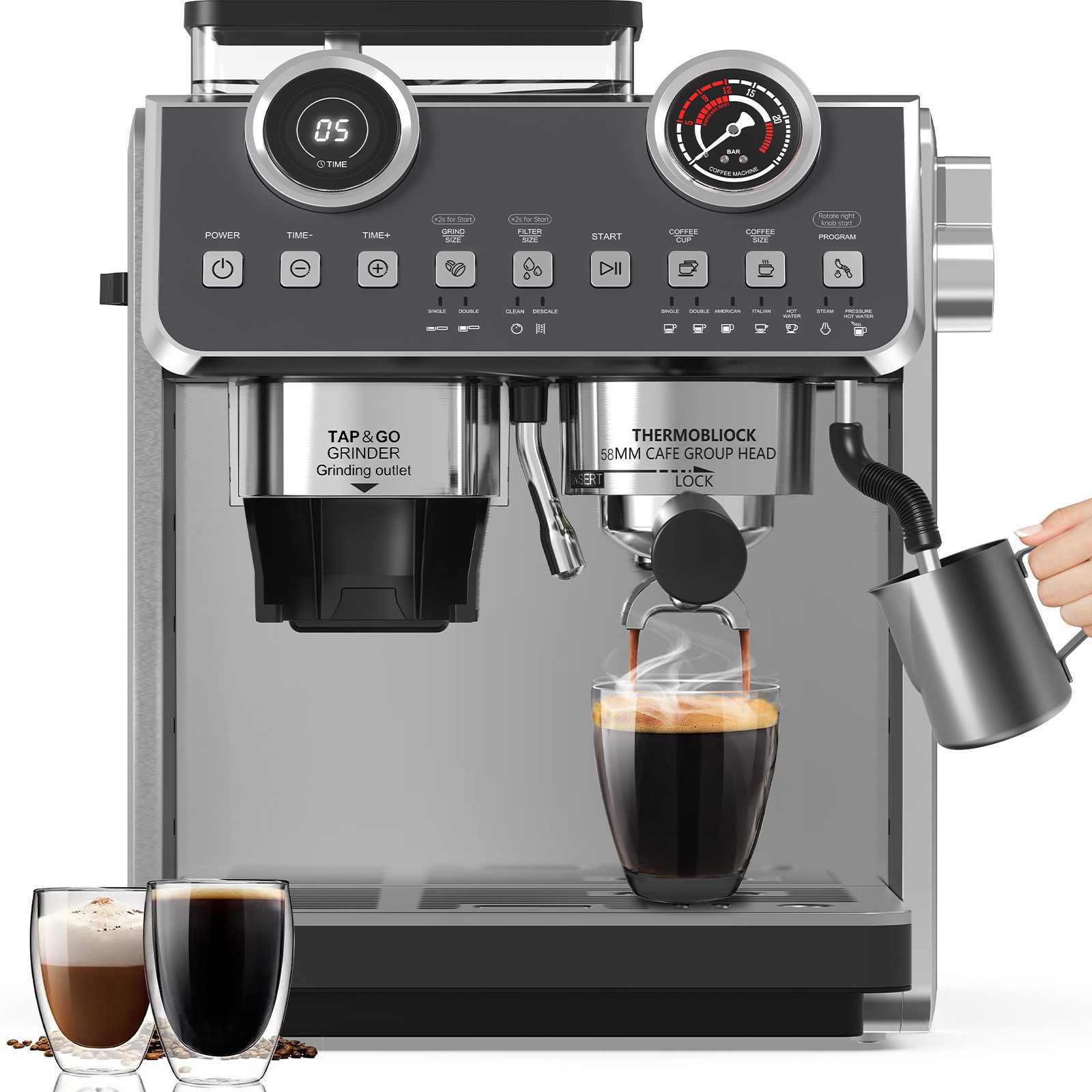 Comfy Mate Espressomaschine EM653-2800W Siebträgermaschine mit Professioneller Milchaufschäumdüse, Kaffeemaschine mit 2 Heizsysteme, 20 Bar, 2.7 Liter, inkl., Siebträger mit Einzel- und Doppelfiltereinsatz 58mm, Dual-Boiler, PiD, One-Touch-Brühfunktion, Manometer, Dampfdüse