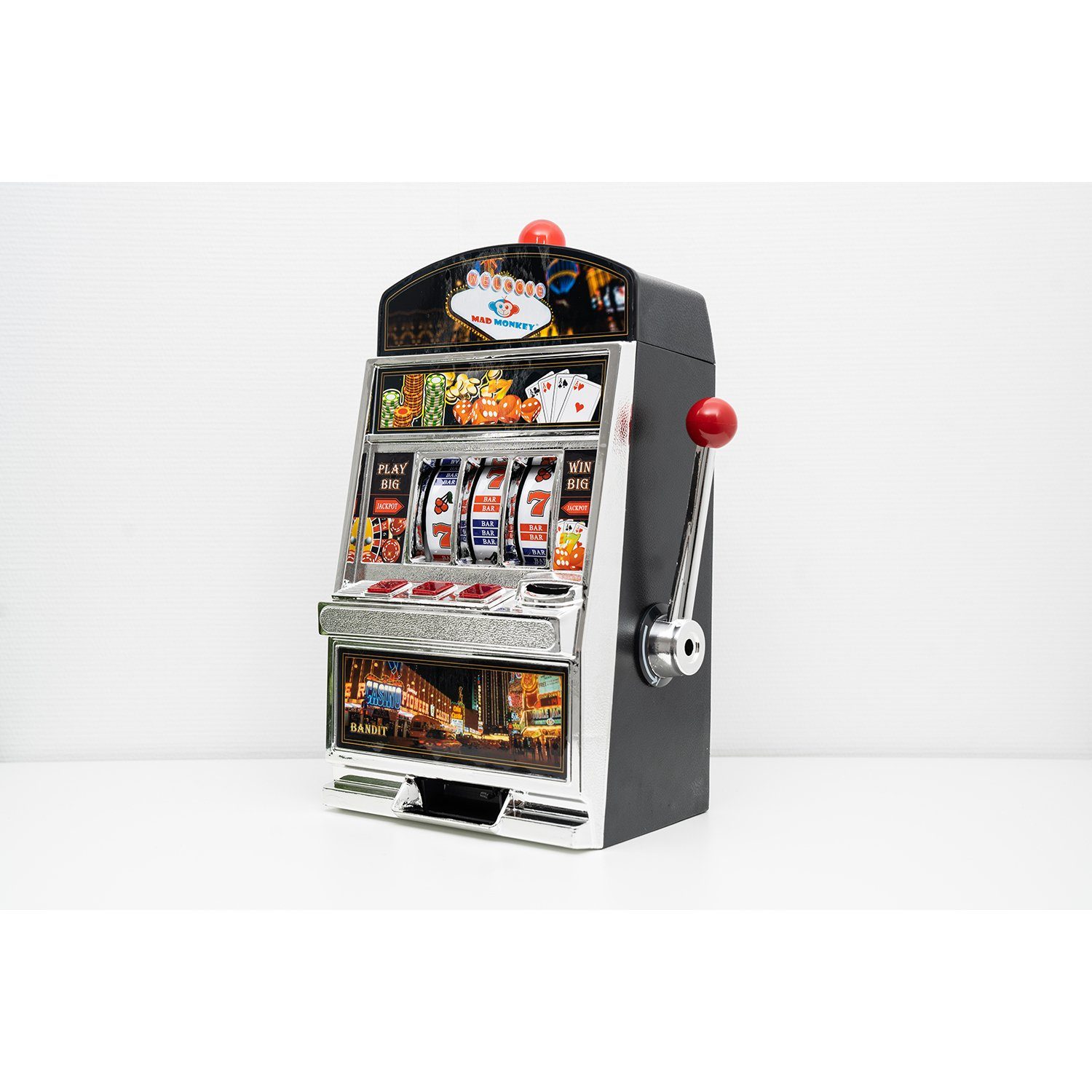 Mad Monkey Spardose Slotmaschinen Spielautomat als Spardose (inkl. Licht und Sound), Spardose im Slotmaschinen-Design