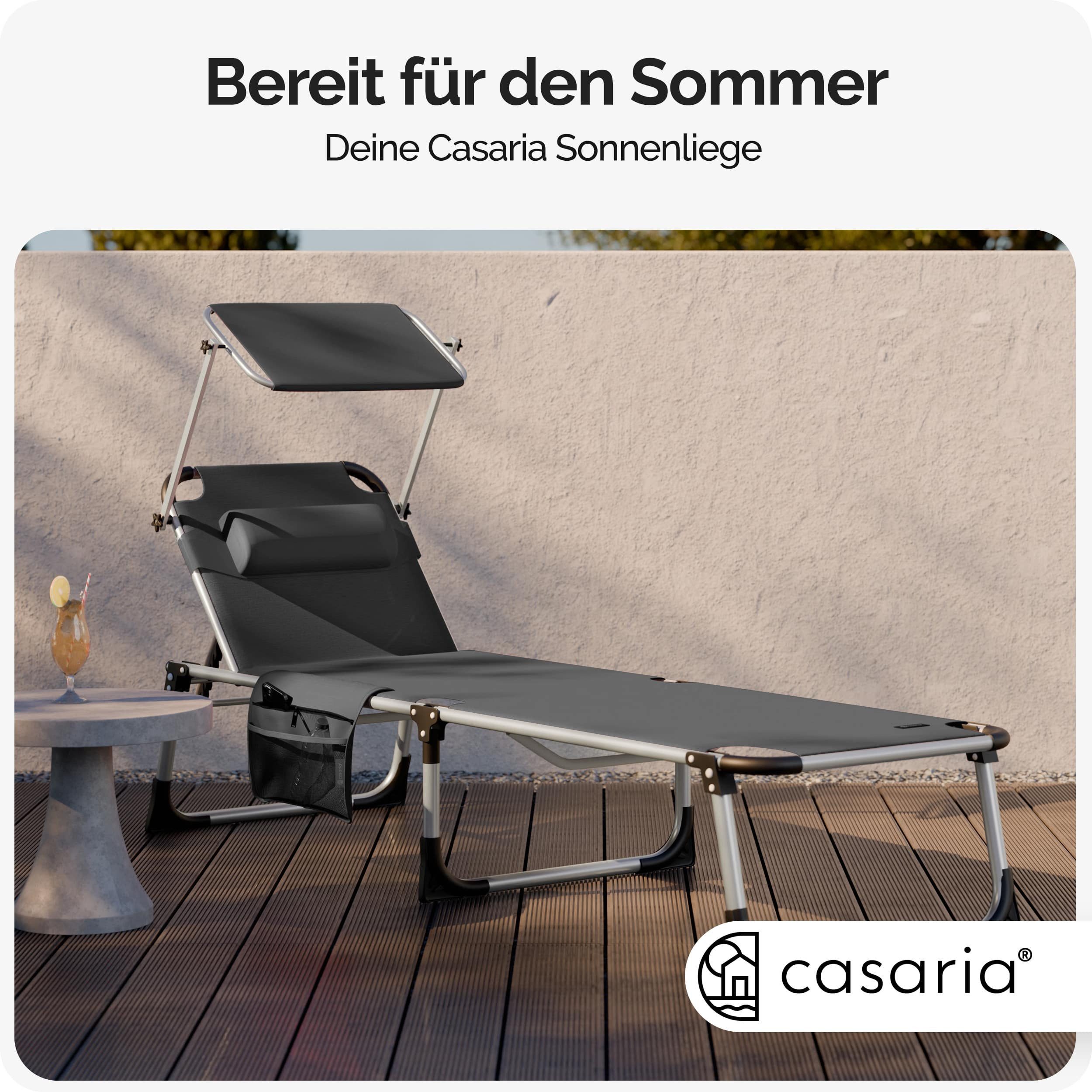 Casaria Gartenliege Malta, Alu Sonnenliege Klappbar mit Dach Liegestuhl Balkon Outdoor Hoch Grau