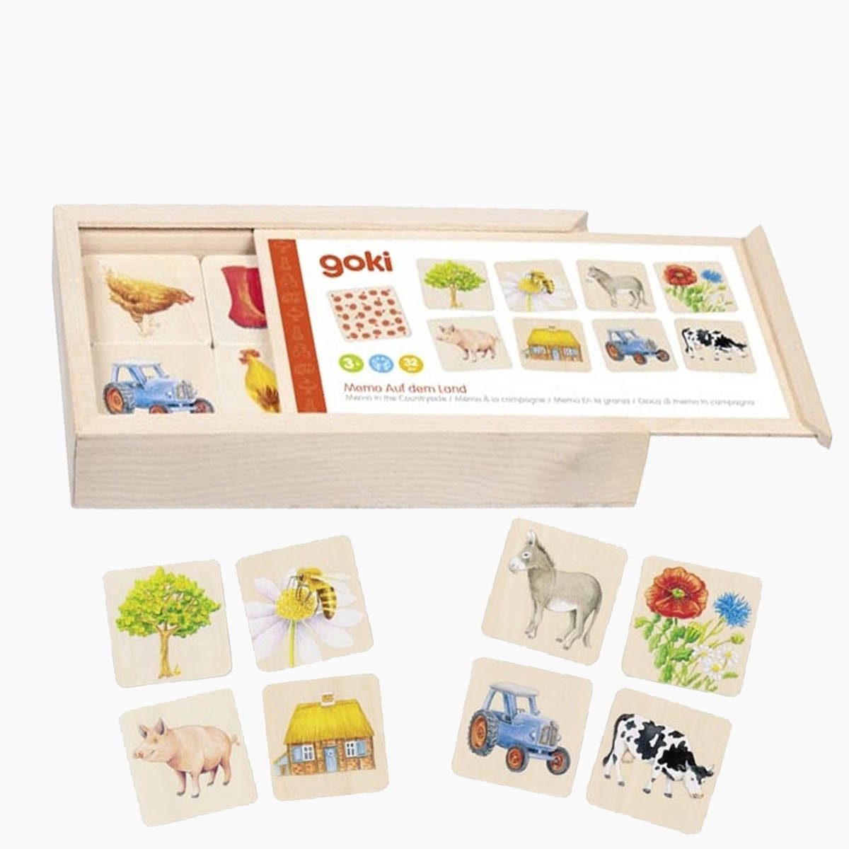 goki Lernspielzeug Memo Auf dem Land (packung, 32-St., mit Holzkasten), Fördert spielerisch das Gedächtnis