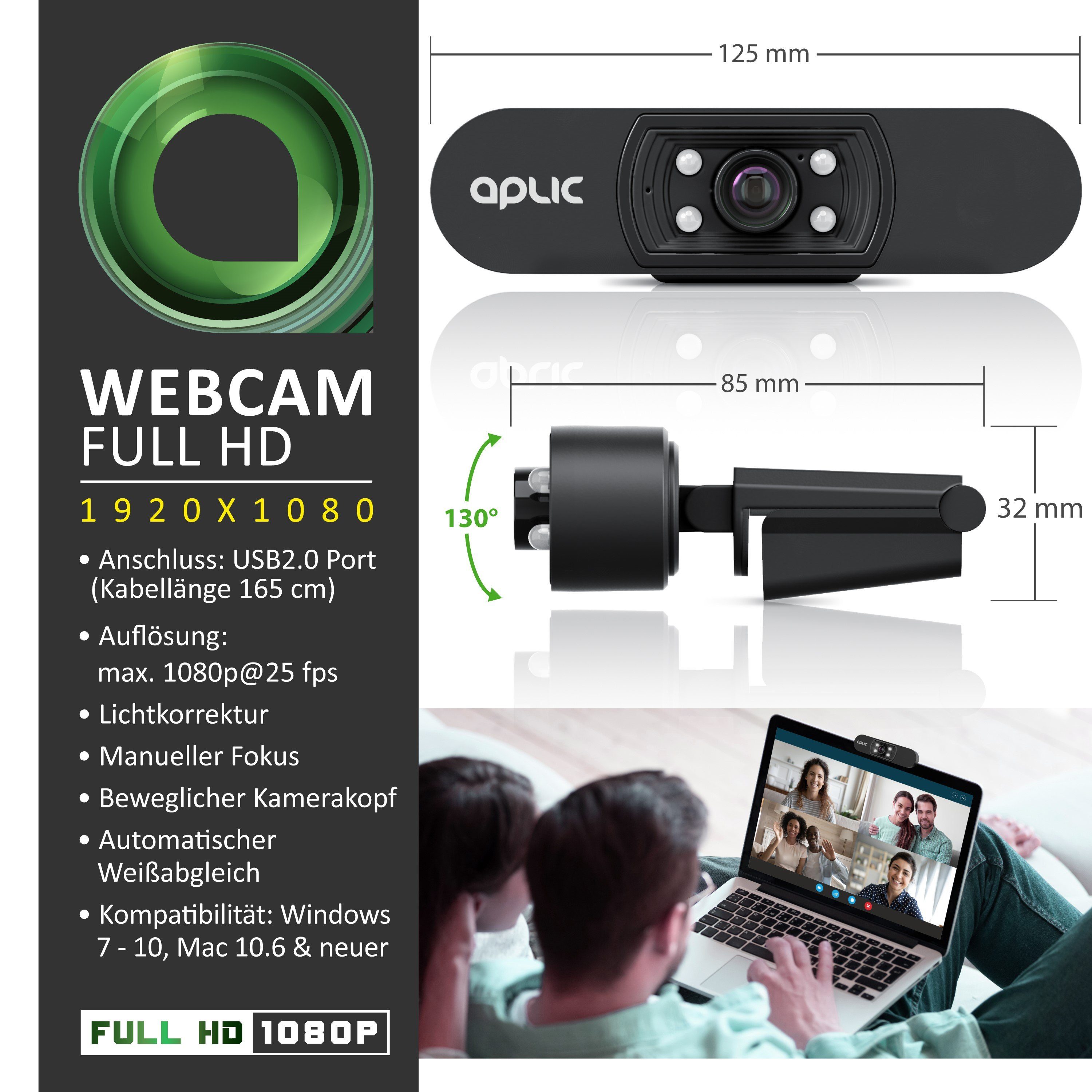 Aplic Full Hz, 1920x1080P Mikrofon) HD-Webcam Hilfslichter 25 @ (Full HD, 4 5P Szenelicht, / Linse