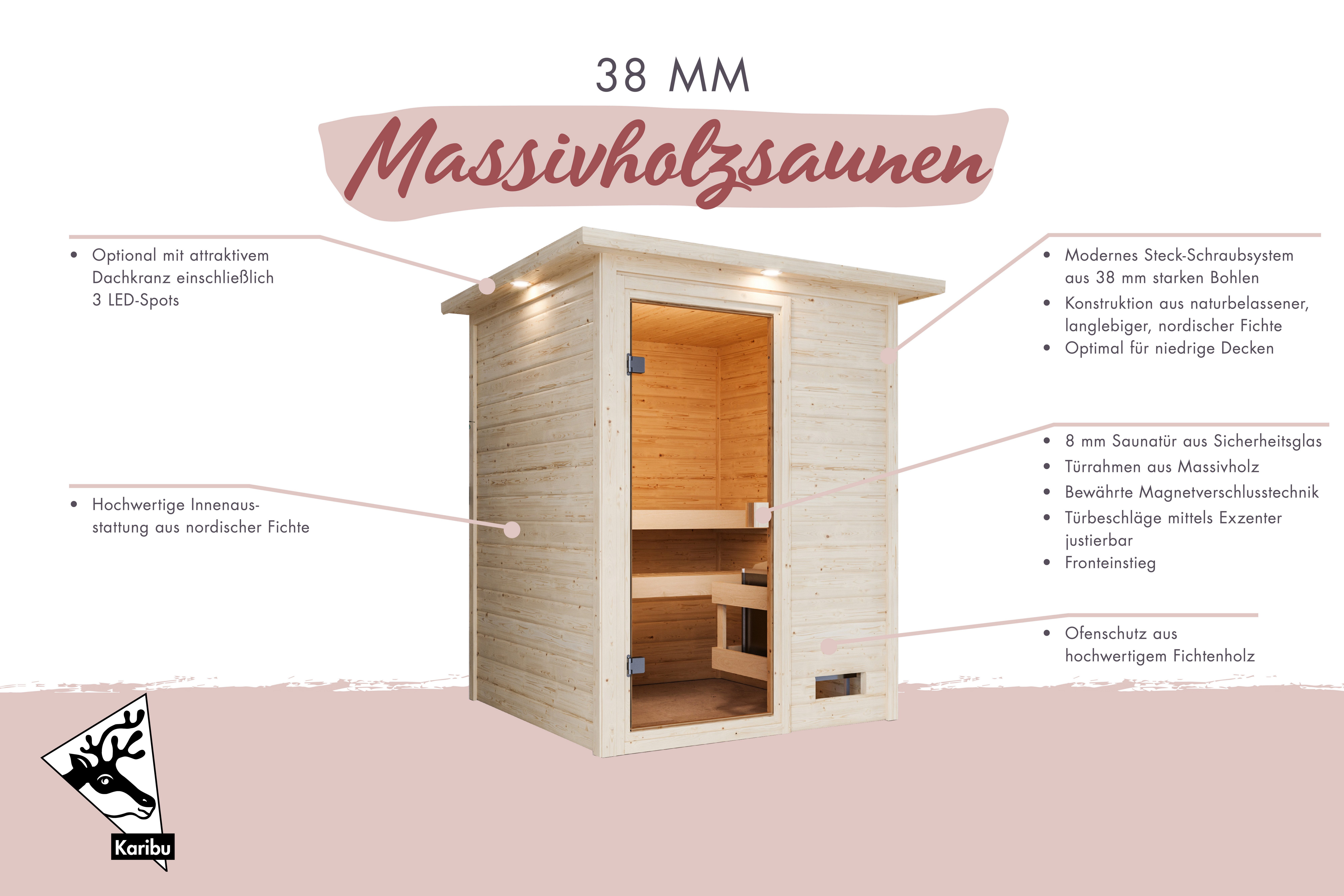 Karibu Sauna "Sandy" mit bronzierter Tür und Kranz, Ofen 9 kW, naturbelassen, BxTxH: 173 x 159 x 191 cm, 38 mm, aus hochwertiger nordischer Fichte und 9 kW Ofen mit integr. Steuerung