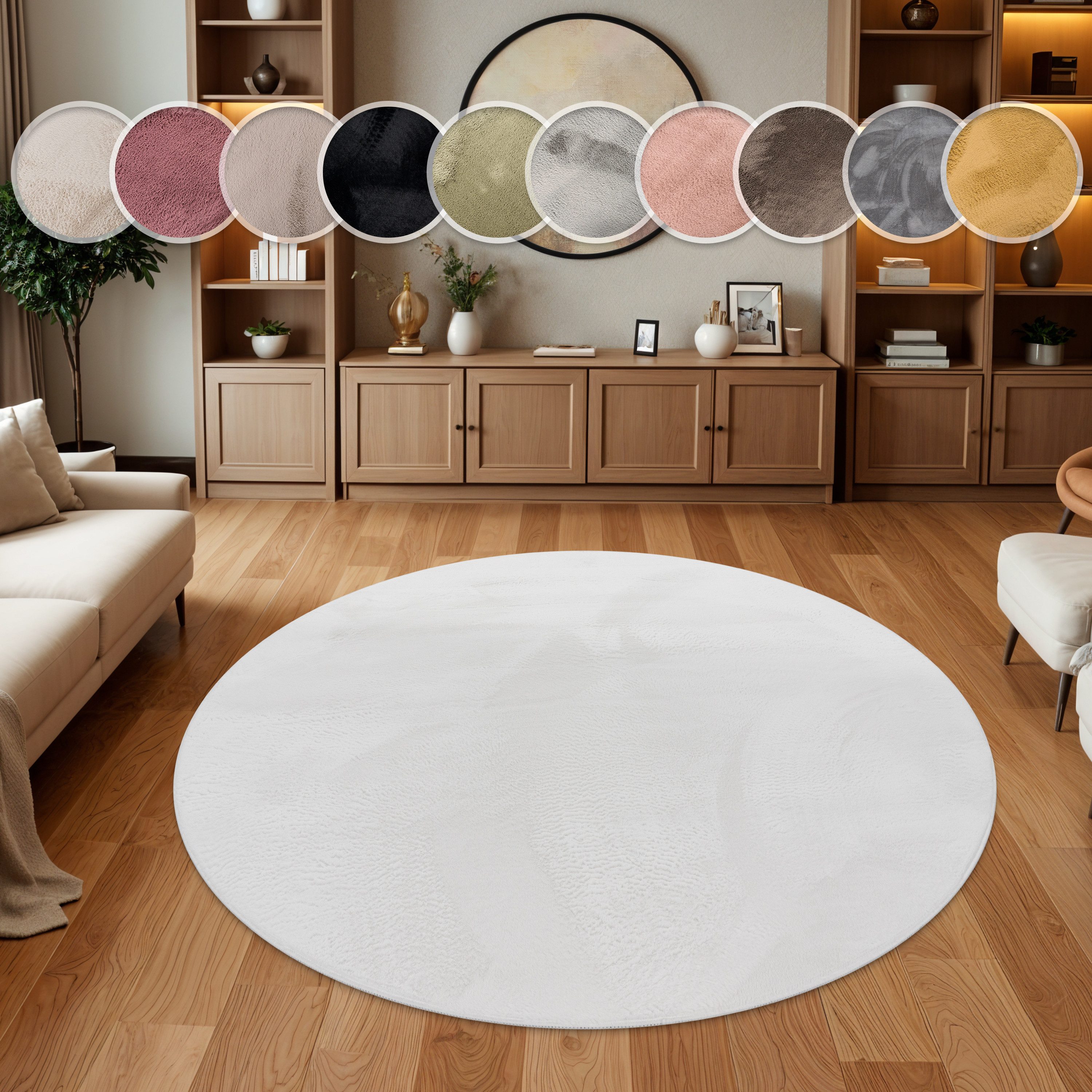 Paco Home Fellteppich Kunstfell Soft 380, rund, Höhe: 14 mm, Langflor, Kuschelteppich - besonders weich, Uni-Farben
