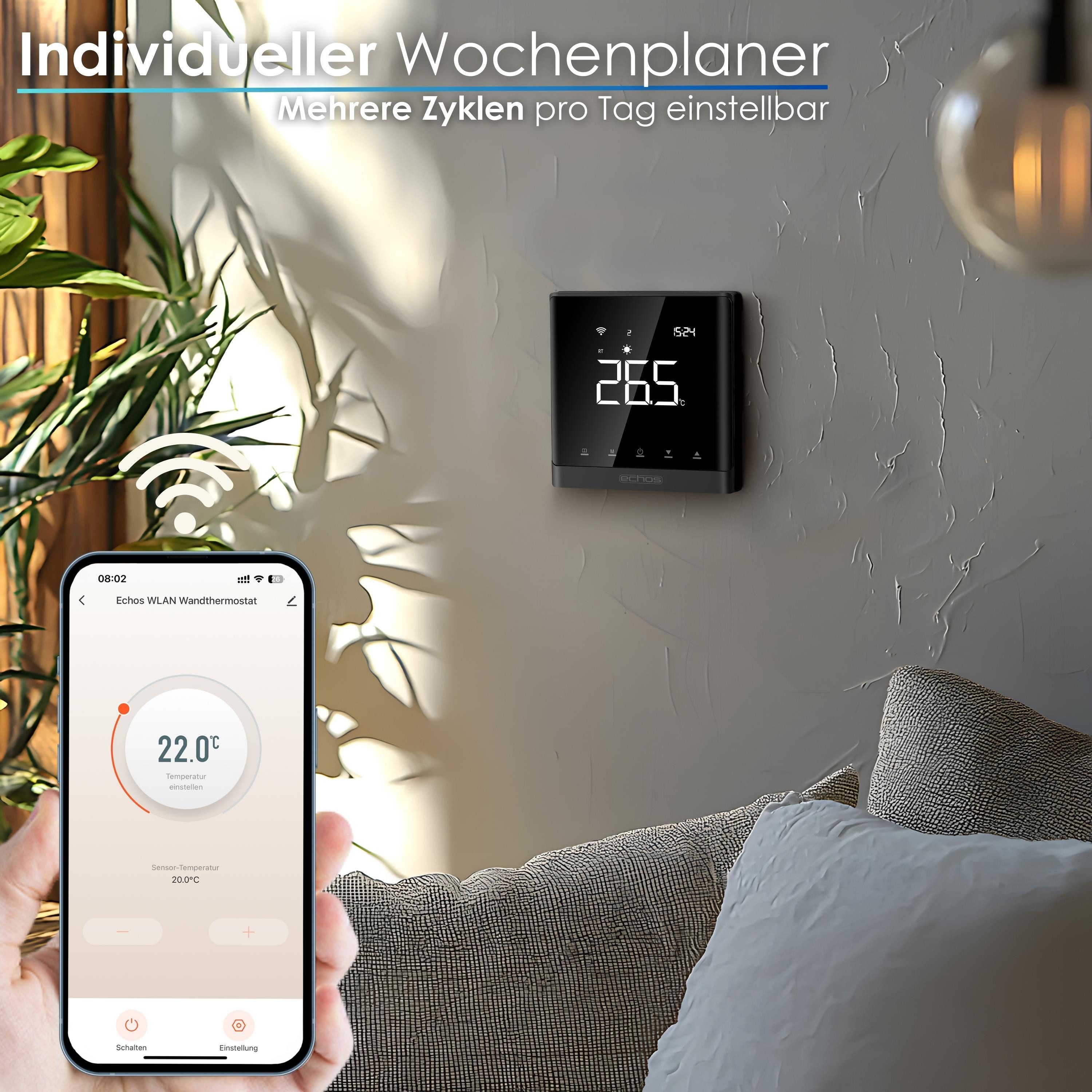 echos Raumthermostat WLAN Wandthermostat Eco-4181, elektronisch, Dimmbares Display,Touchtasten,Smart Life App-Steuerung,Sprachsteuerung – Bild 4 von 5