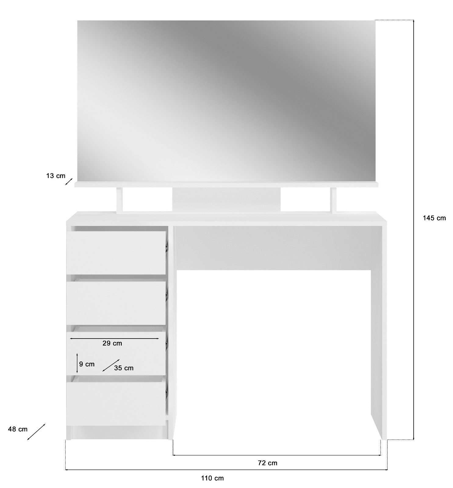 xonox.home Schminktisch Emma 145 weiß mit 4 Hochglanz, Schubladen cm), 110 x (Frisierkommode in