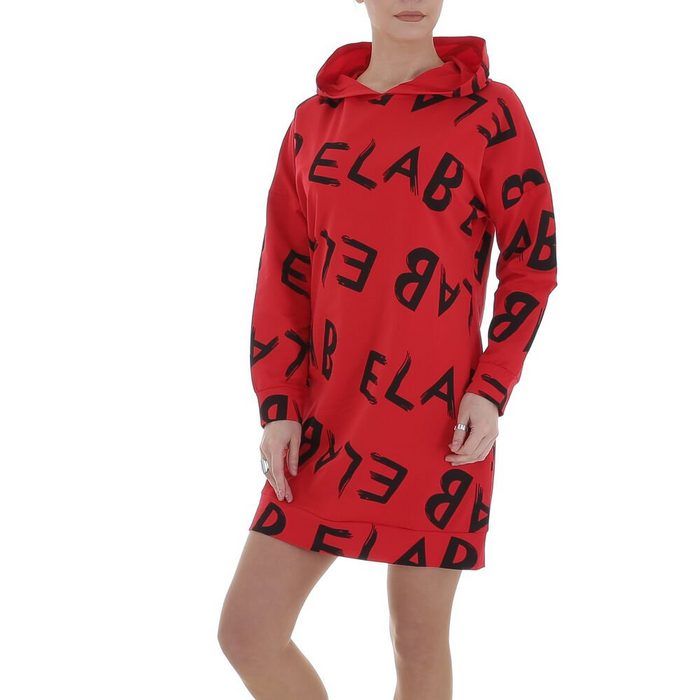 Ital-Design Shirtkleid Damen Freizeit Kapuze Textprint Stretch Minikleid in Rot