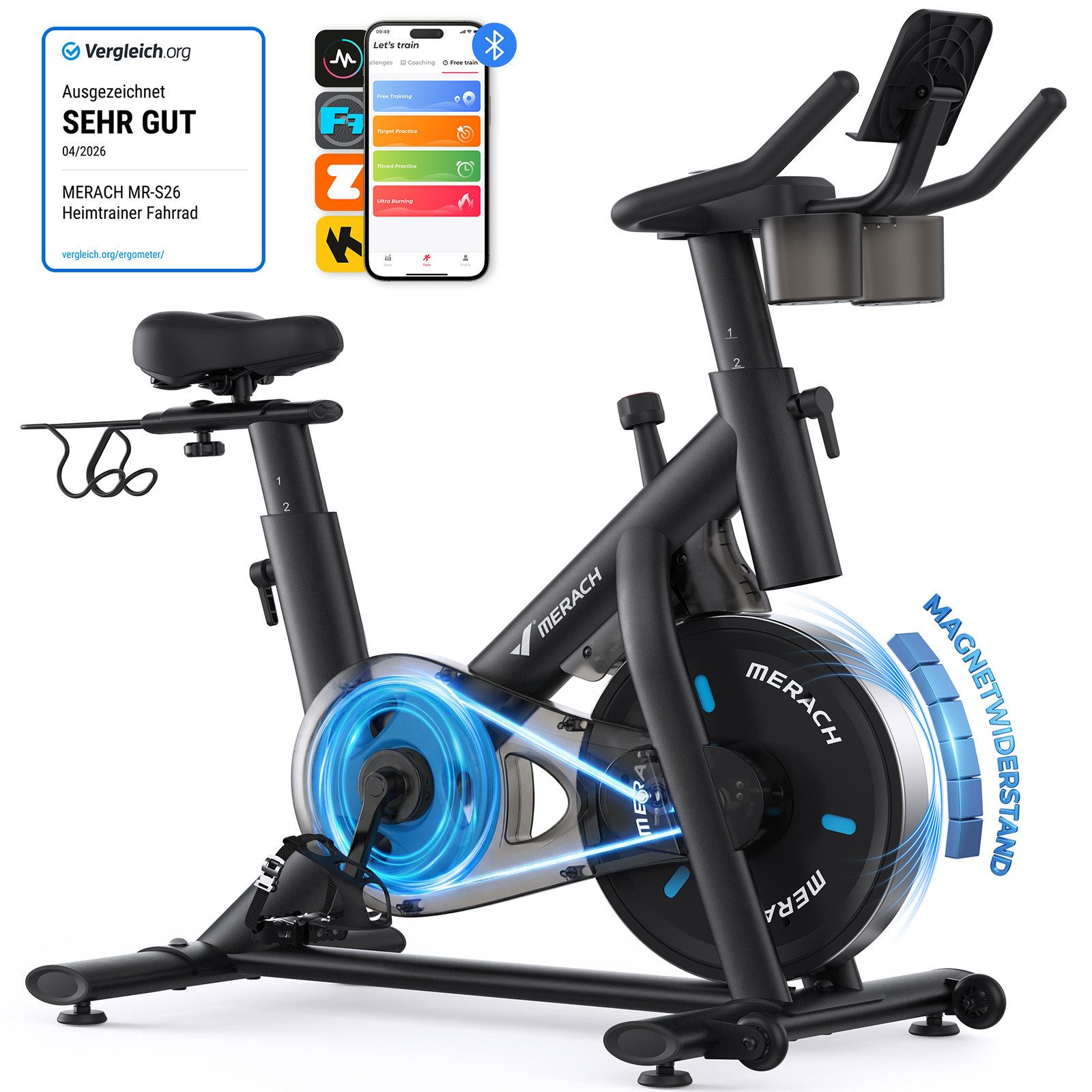 MERACH Heimtrainer Fahrrad leises Magnet-Speedbike mit App & LED-Monitor (Indoor Cycling Bike Magnet-Heimtrainer Fahrrad für Kardiotraining, 1-tlg., Inkl. LED-Monitor, Tablet-Halterung, Fitness-App & Komfort-Sattel), Leises Magnet-Bremssystem, App-Anbindung, belastbar bis 136 kg