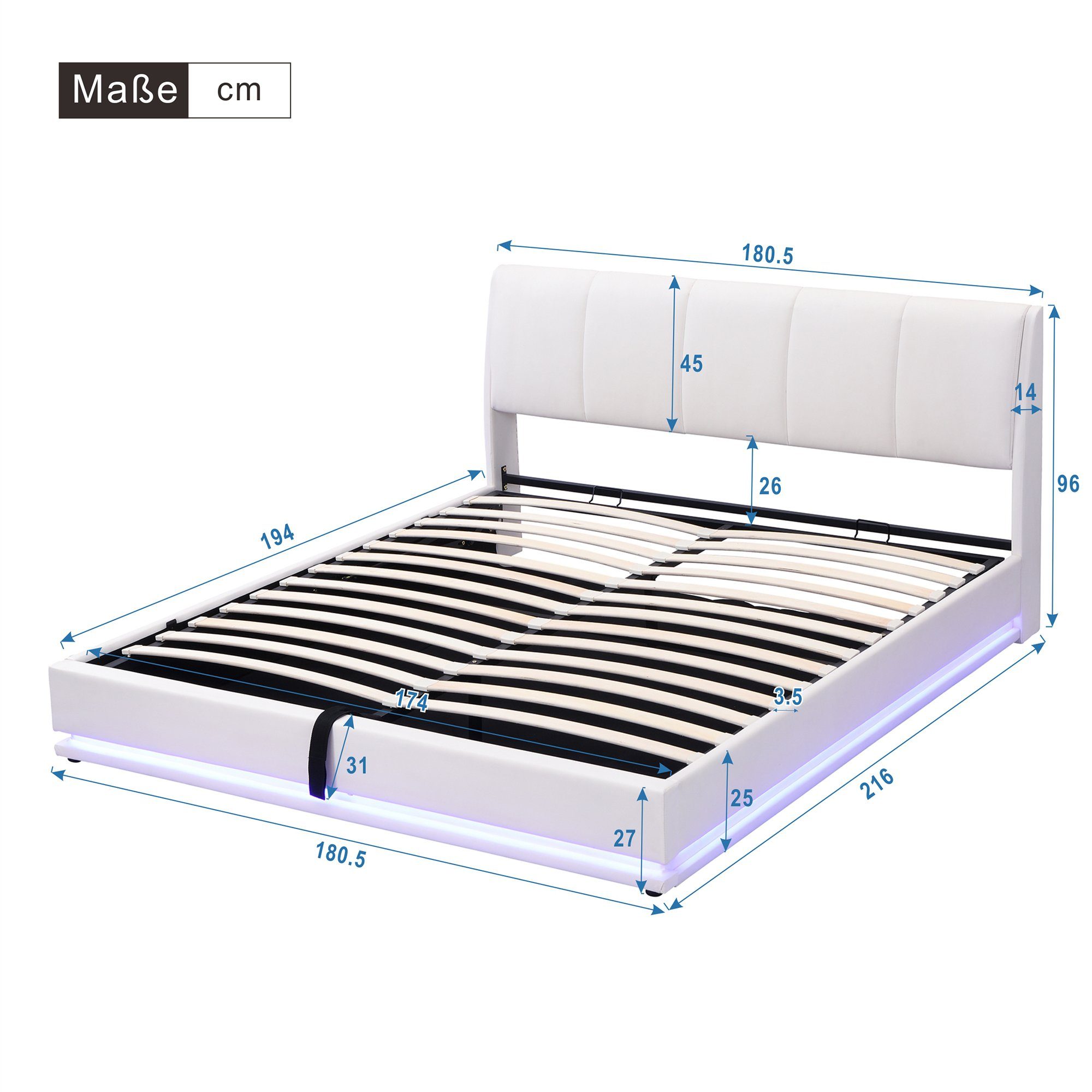 Boxspringbett (Doppelbett 180 x 200 cm mit Lattenrost und LED Beleuchtung), Polsterbett inkl. Hydraulisch anhebbarer Bettstauraum, Kunstleder