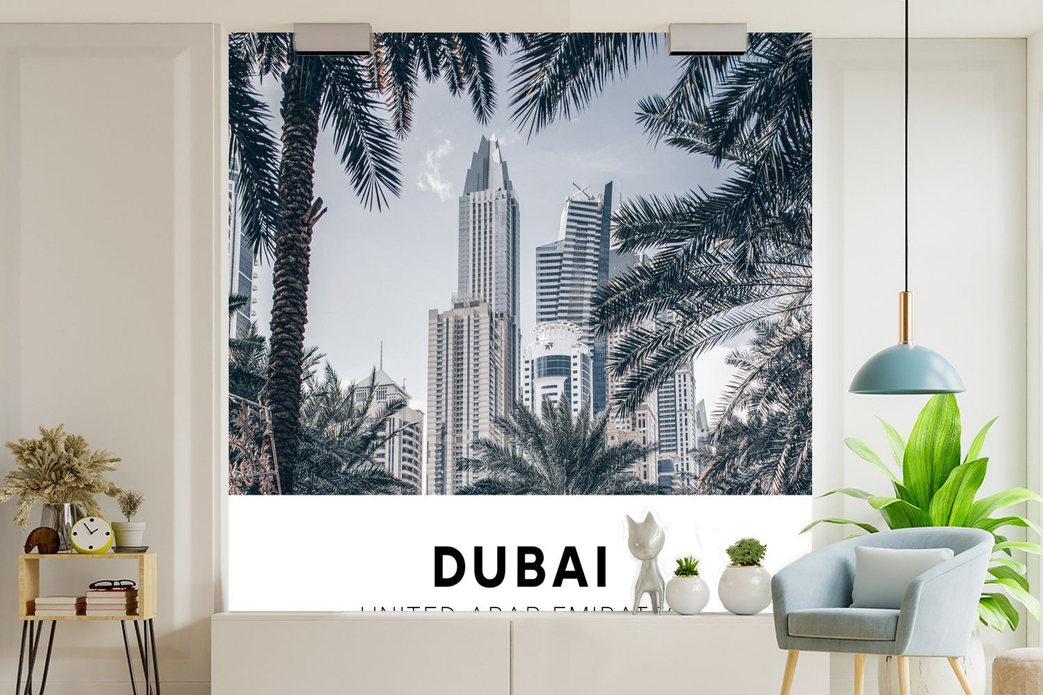 Dubai Tapete Schlafzimmer, Fototapete für bedruckt, - oder Wandtapete St), Wolkenkratzer, - (5 Matt, Wohnzimmer MuchoWow Palme Vinyl