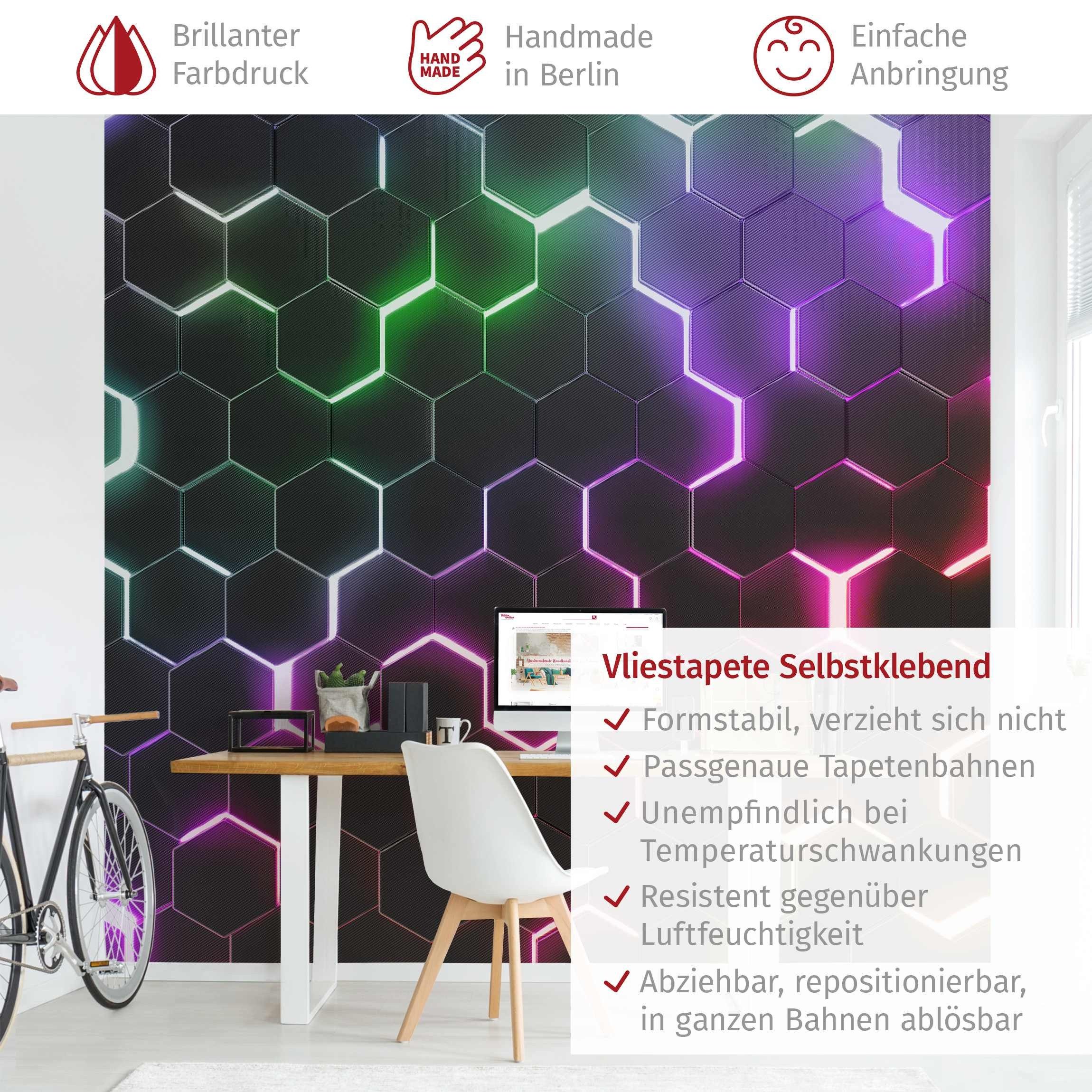 Bilderdepot24 Fototapete Gamer Hexagone Neonlicht Wanddeko Modern Kunst 3D-Effekt, Glatt, Matt, (Vliestapete inkl. Kleister oder selbstklebend), Jugendzimmer Gaming Zimmer Tapete Wohnzimmer Vliestapete Wandtapete