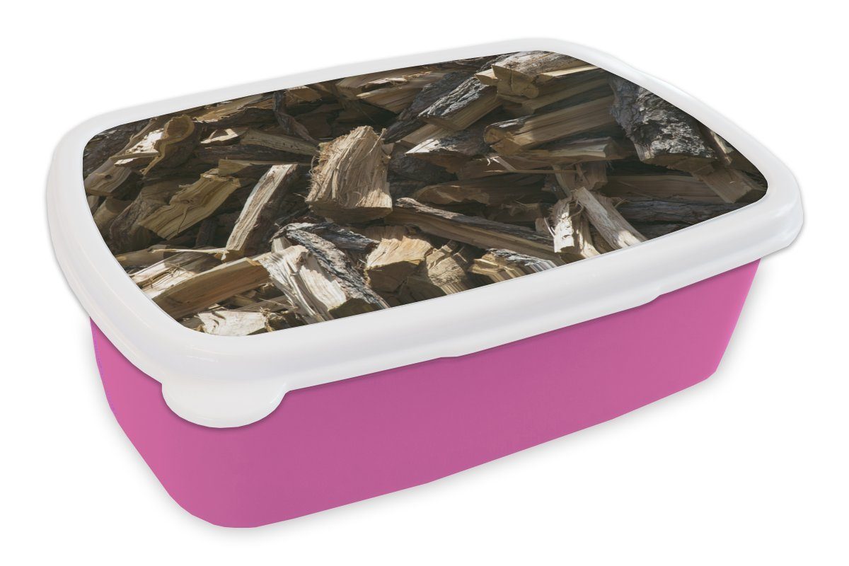 aufgeschichtetes Kunststoff, Brotdose rosa Brotbox Mädchen, MuchoWow Lunchbox (2-tlg), Brennholz, Snackbox, für Erwachsene, Kinder, Schlampig Kunststoff