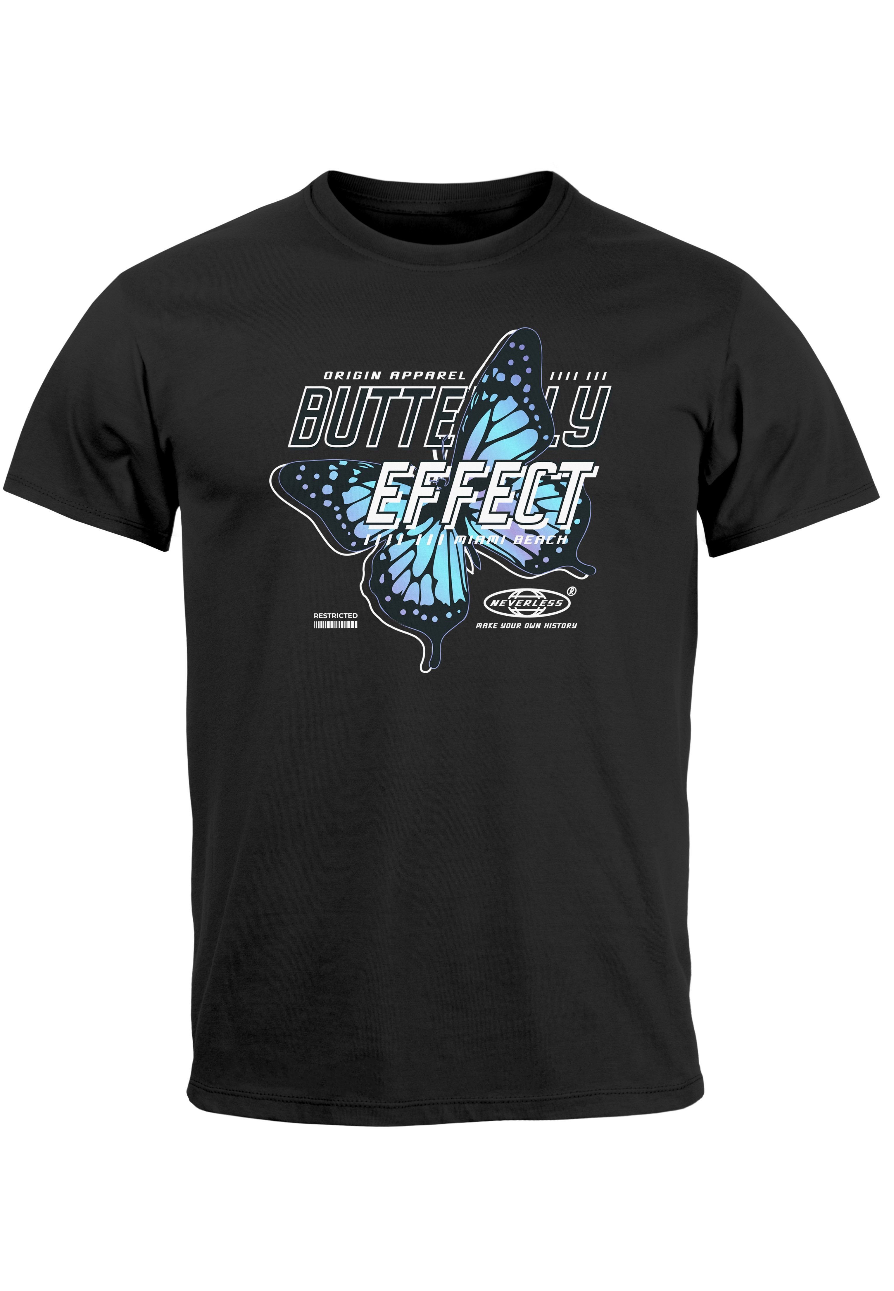 T-Shirt Effect Schriftzug Print-Shirt Bedruckt Schmetterling schwarz Herren Butterfly Fash mit Neverless Print