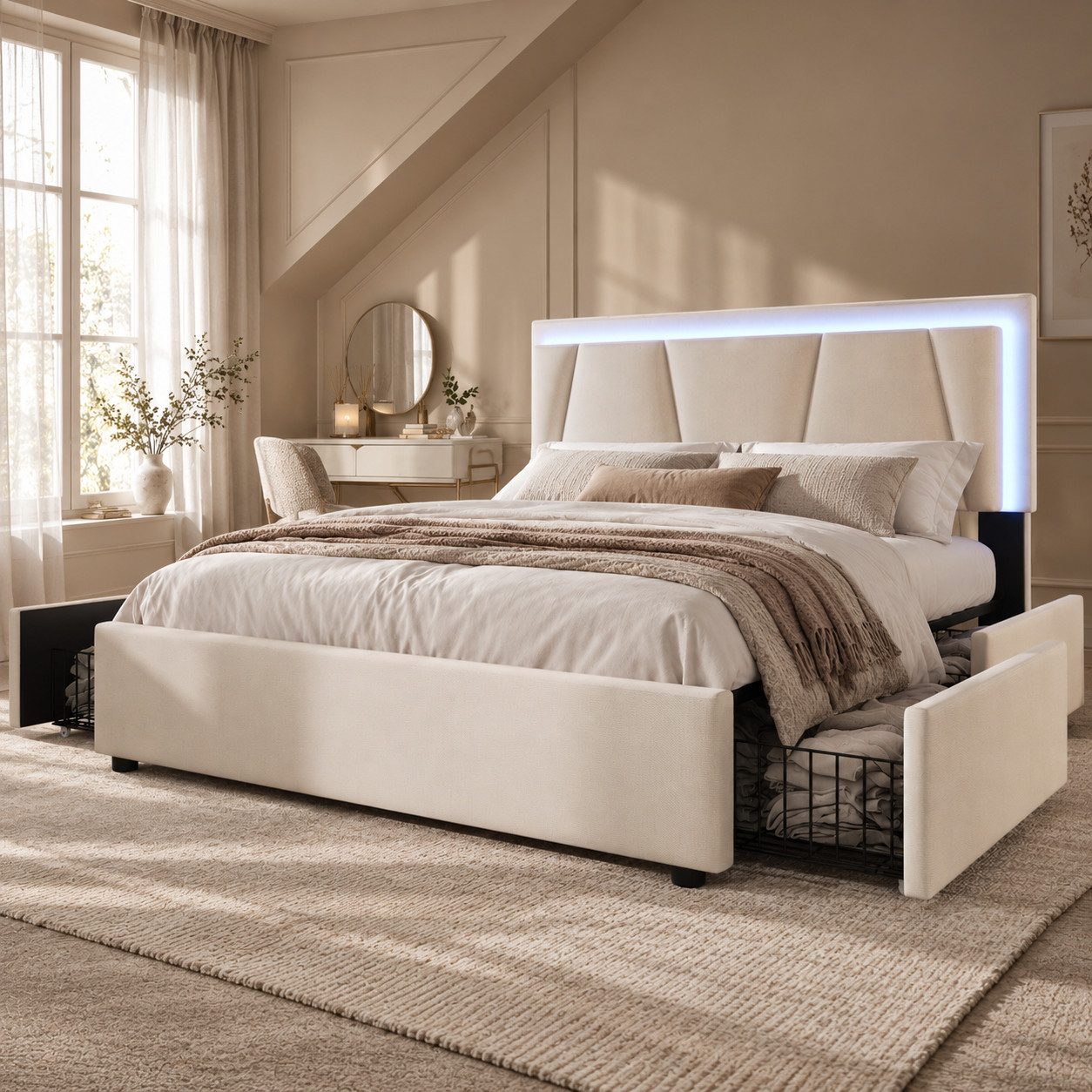 Flieks Polsterbett, LED-Beleuchtung Doppelbett 140x200cm mit 4 Schubladen
