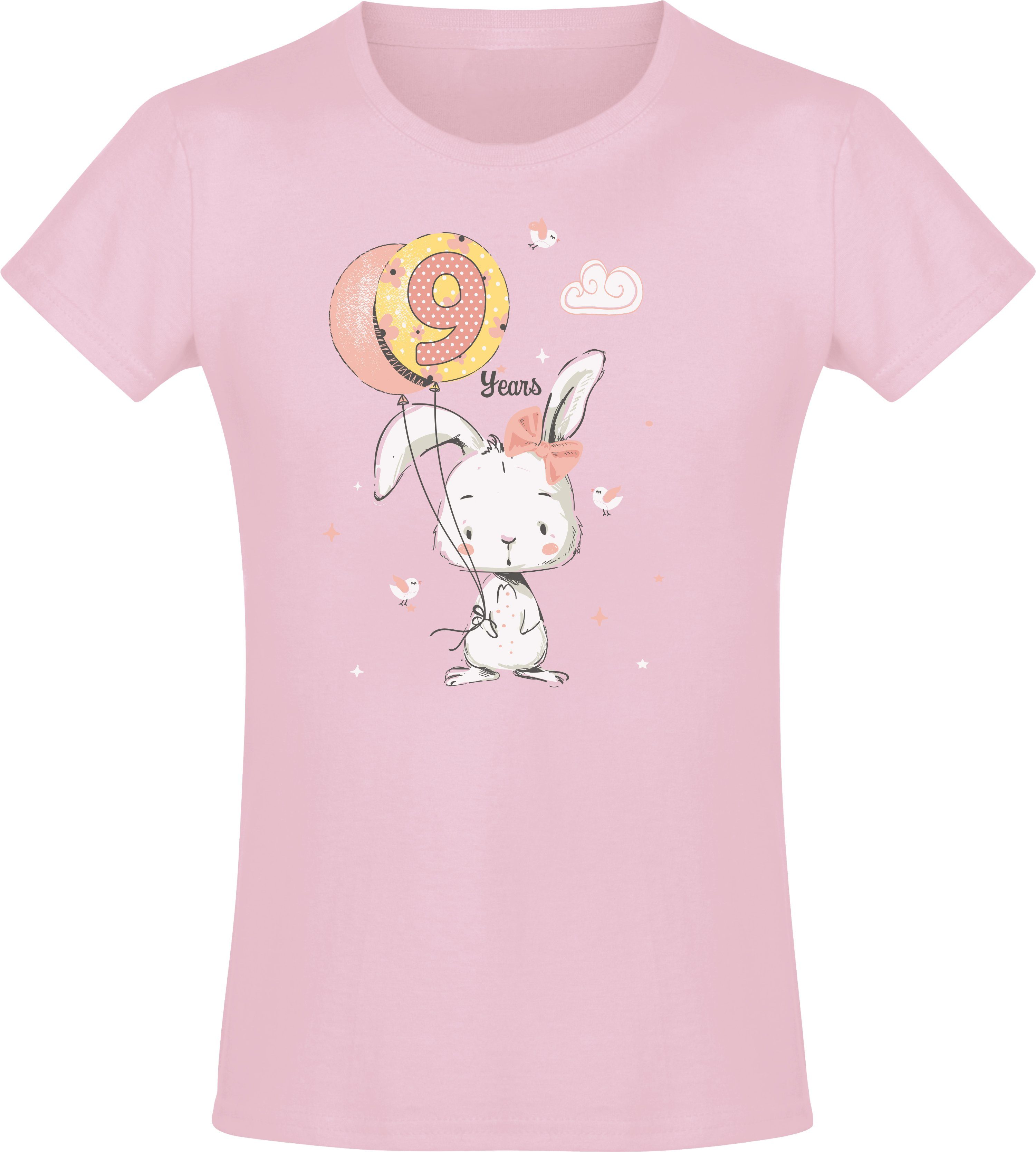 Baddery Print-Shirt Geburstagsgeschenk Siebdruck, mit : Pink hochwertiger 9 für aus Baumwolle Light Hase Mädchen Jahre