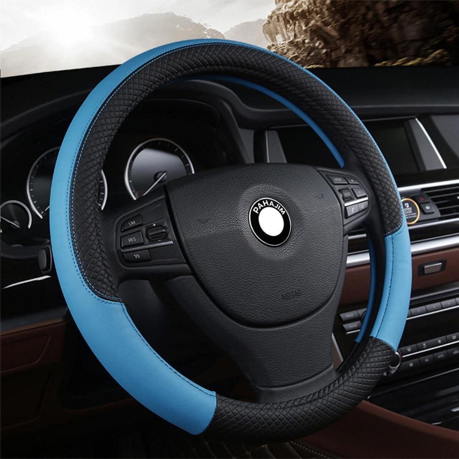 LuxusKollektion Lenkradbezug Lenkradbezug 37 38 cm AntiRutsch Auto SUV Rund Blau in Lederoptik