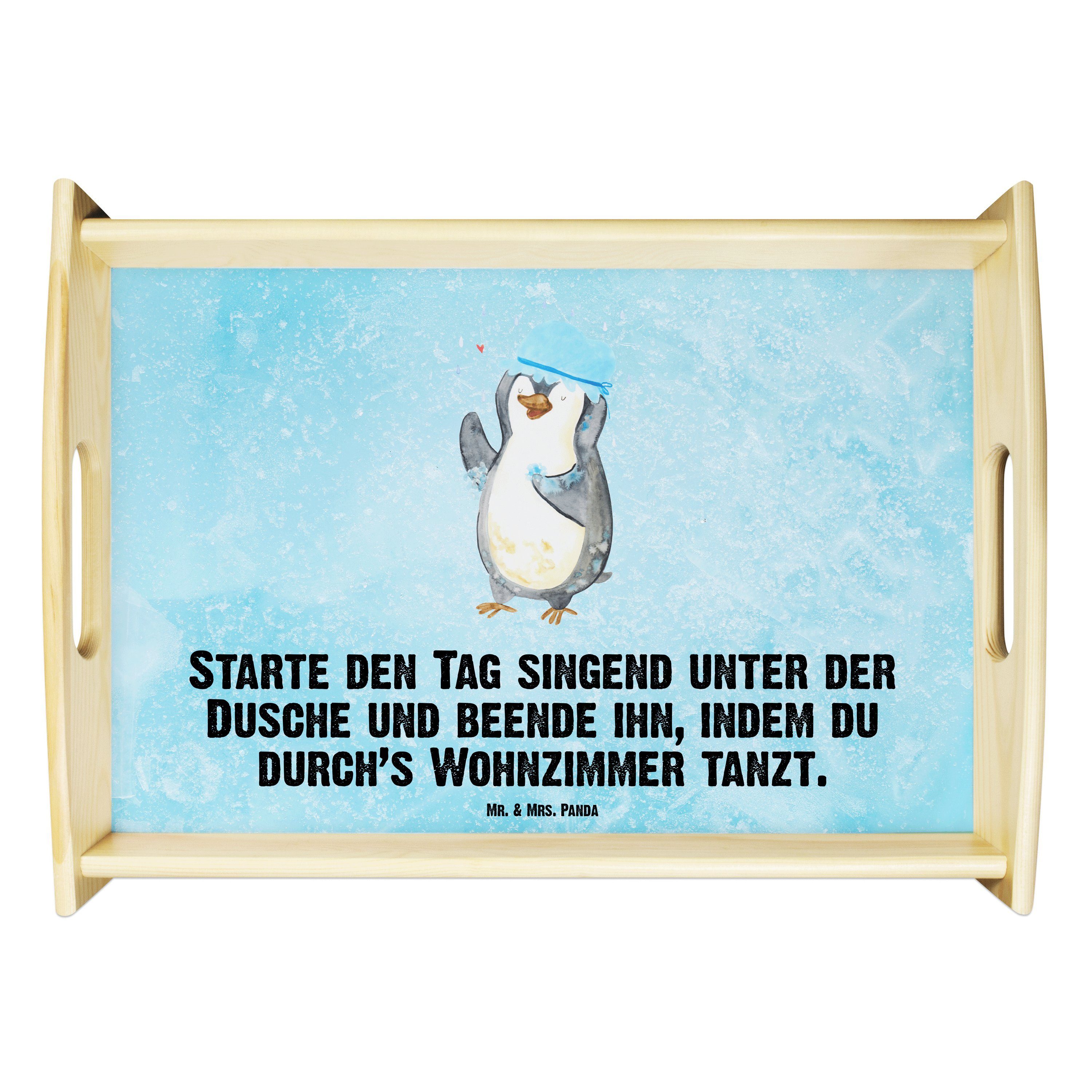 Mr. & Mrs. Panda Tablett Pinguin duscht - Eisblau - Geschenk, Küchentablett, Tablett, Dekotabl, Echtholz lasiert, (1-tlg)