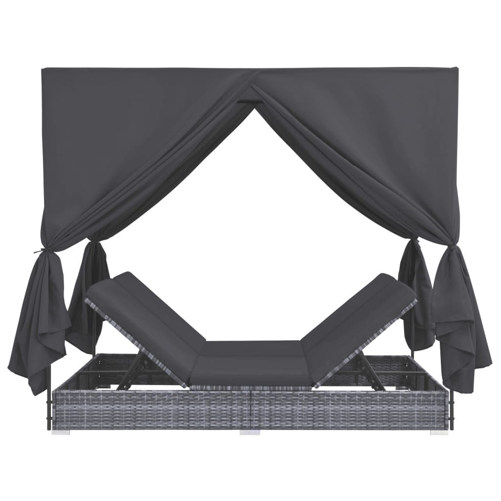 vidaXL Gartenliege NA Outdoor-Lounge-Bett mit Vorhängen Polyrattan Grau Gartenliege Sonne