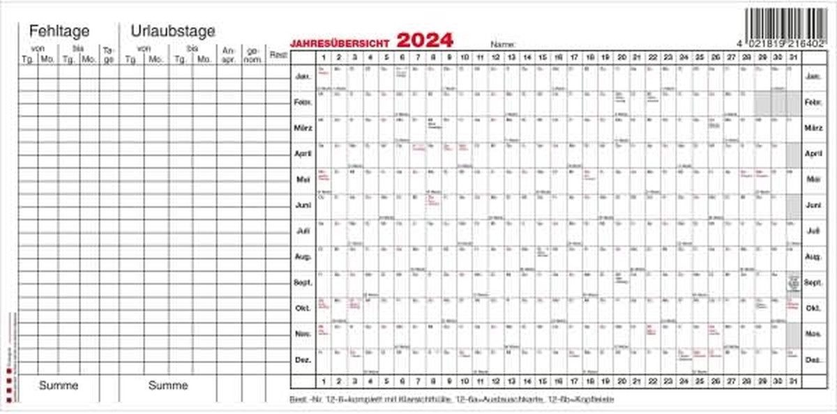 GÜSS Kalender Jahresplaner Austauschkarte für Personal-Planer Kalendarium 2026