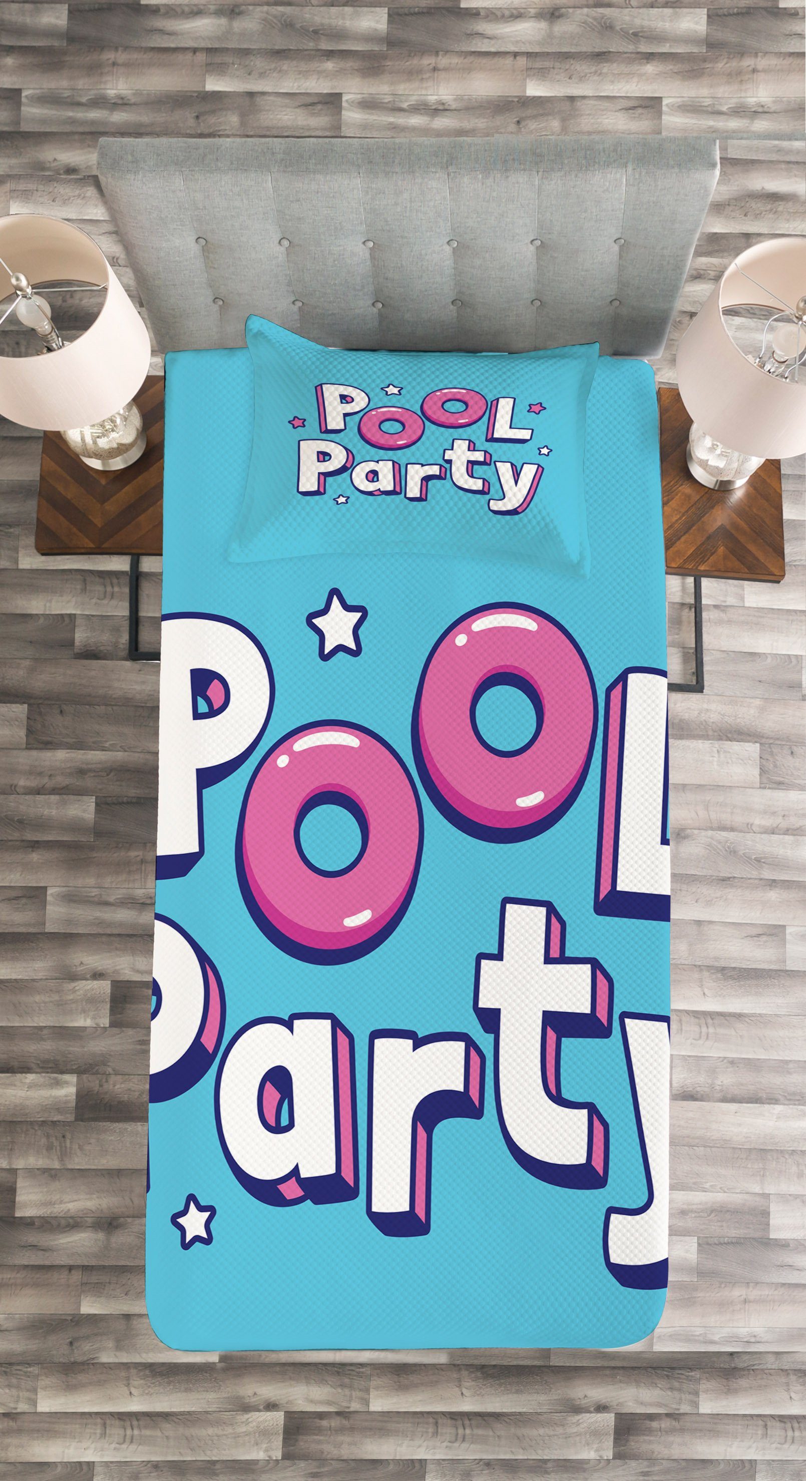 Abakuhaus, mit Tagesdecke Pool-Party Kissenbezügen Set Waschbar, Cartoon-Beschriftung
