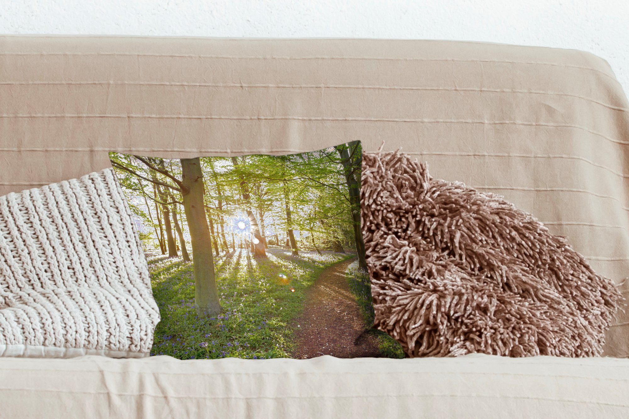 Deko, Schlafzimmer, MuchoWow mit Sonne, für - Zierkissen - Füllung Wald Dekokissen Sofakissen Baum Wohzimmer,