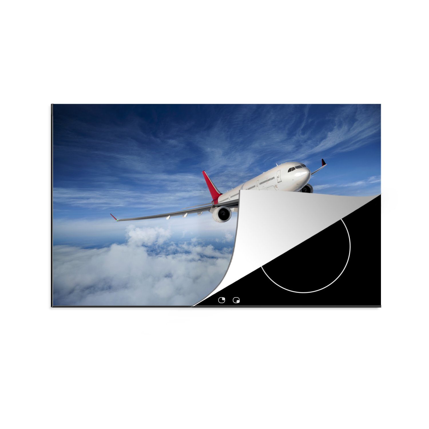 MuchoWow Herdblende-/Abdeckplatte Eine Illustration eines Flugzeugs bei bewölktem Himmel, Vinyl, (1 tlg), 83x51 cm, Ceranfeldabdeckung, Arbeitsplatte für küche