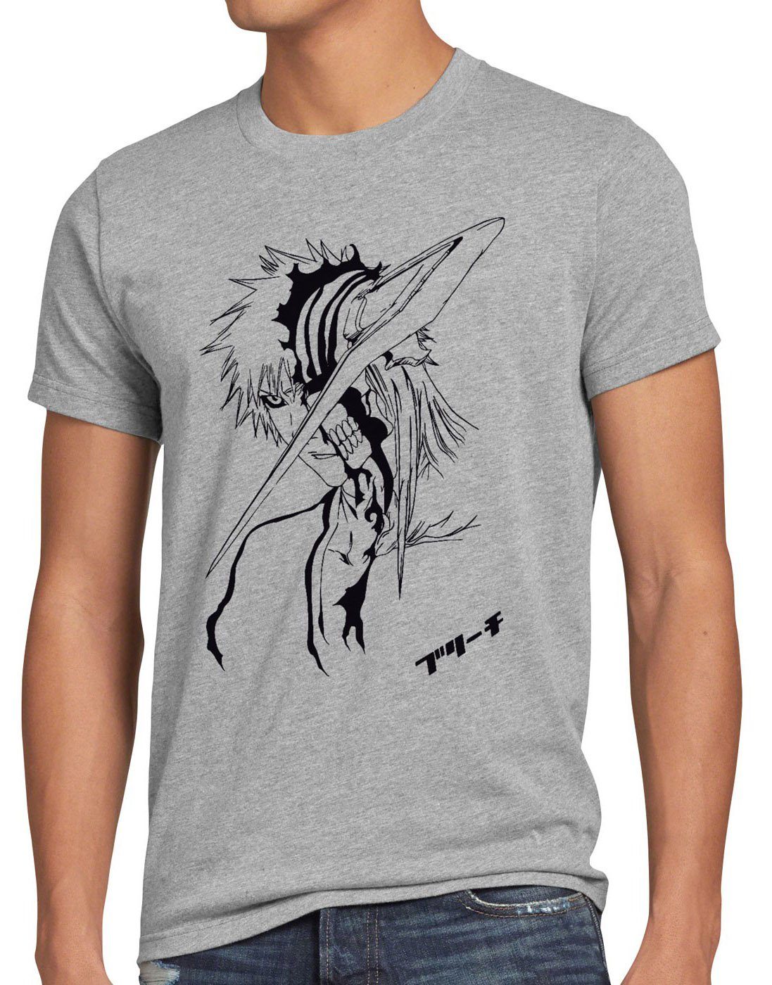 style3 Print-Shirt Herren T-Shirt Ichigo anime grau manga Shinigami meliert kurosaki dämon bleach hollow rujia