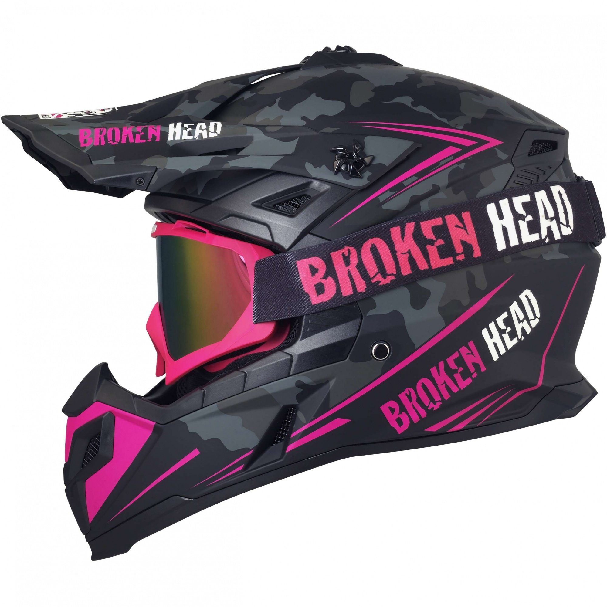 Broken Head Motocrosshelm (Mit MX-2 Brille Pink Verspiegelt), Mit Ratschen-  und Doppel-D-Verschluss