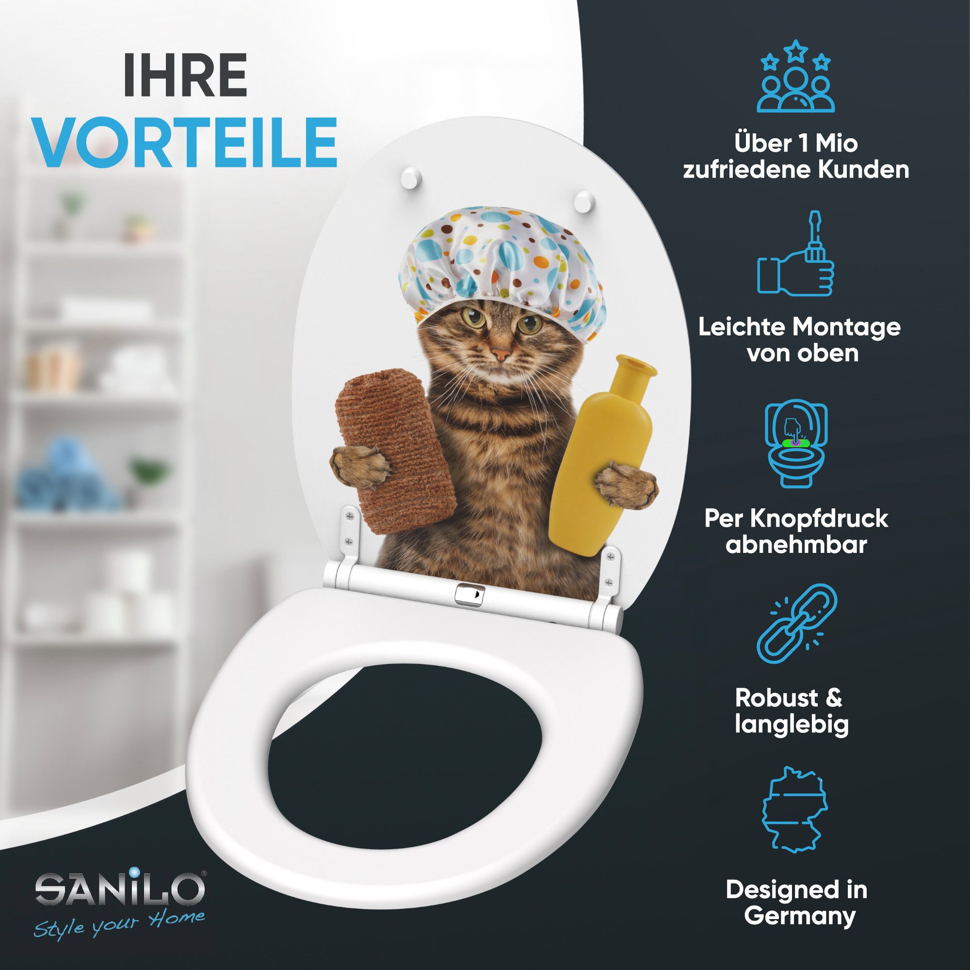 Sanilo WC-Sitz Shower Cat mit Absenkautomatik & Quick Release, Premium Toilettendeckel, abnehmbar, leichte Montage von oben