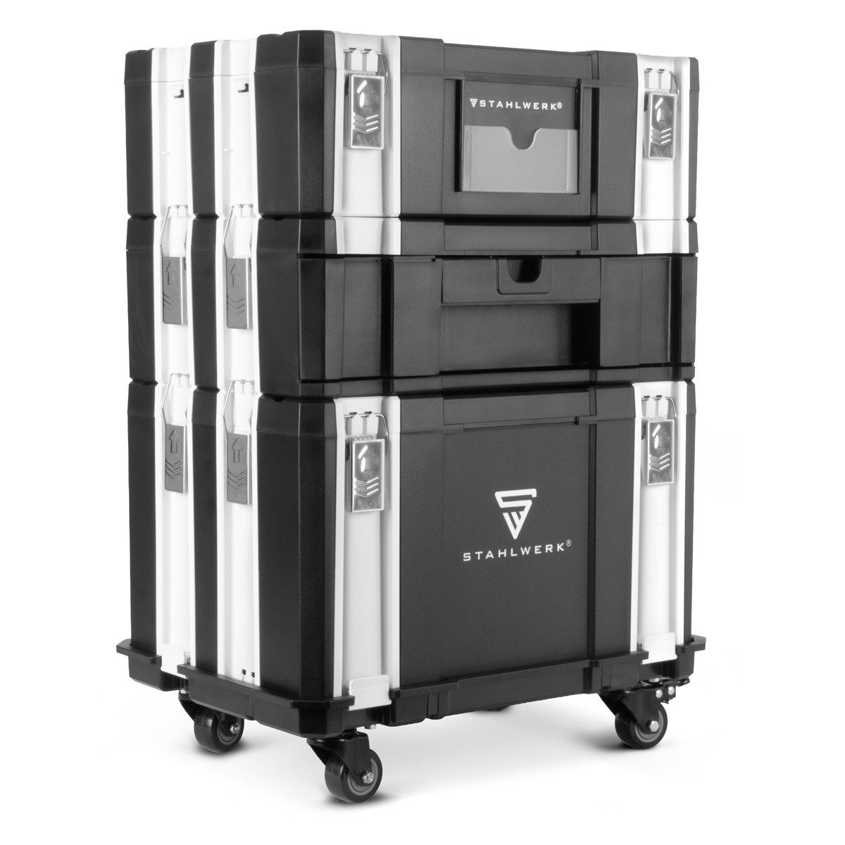 STAHLWERK Werkzeugkoffer Mobiles Toolbox Set mit 3 Werkzeugkoffern Rollbrett und Lenkrollen (Set, 3 Boxen)