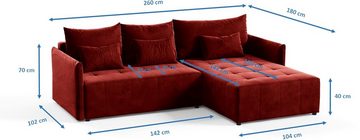 Beautysofa Ecksofa Ben L, Schlaffunktion, Bettkasten, universelle Ottomane, stilvoll Lounge Ecke für Wohnzimmer, L-Form Polstersofa aus Velours