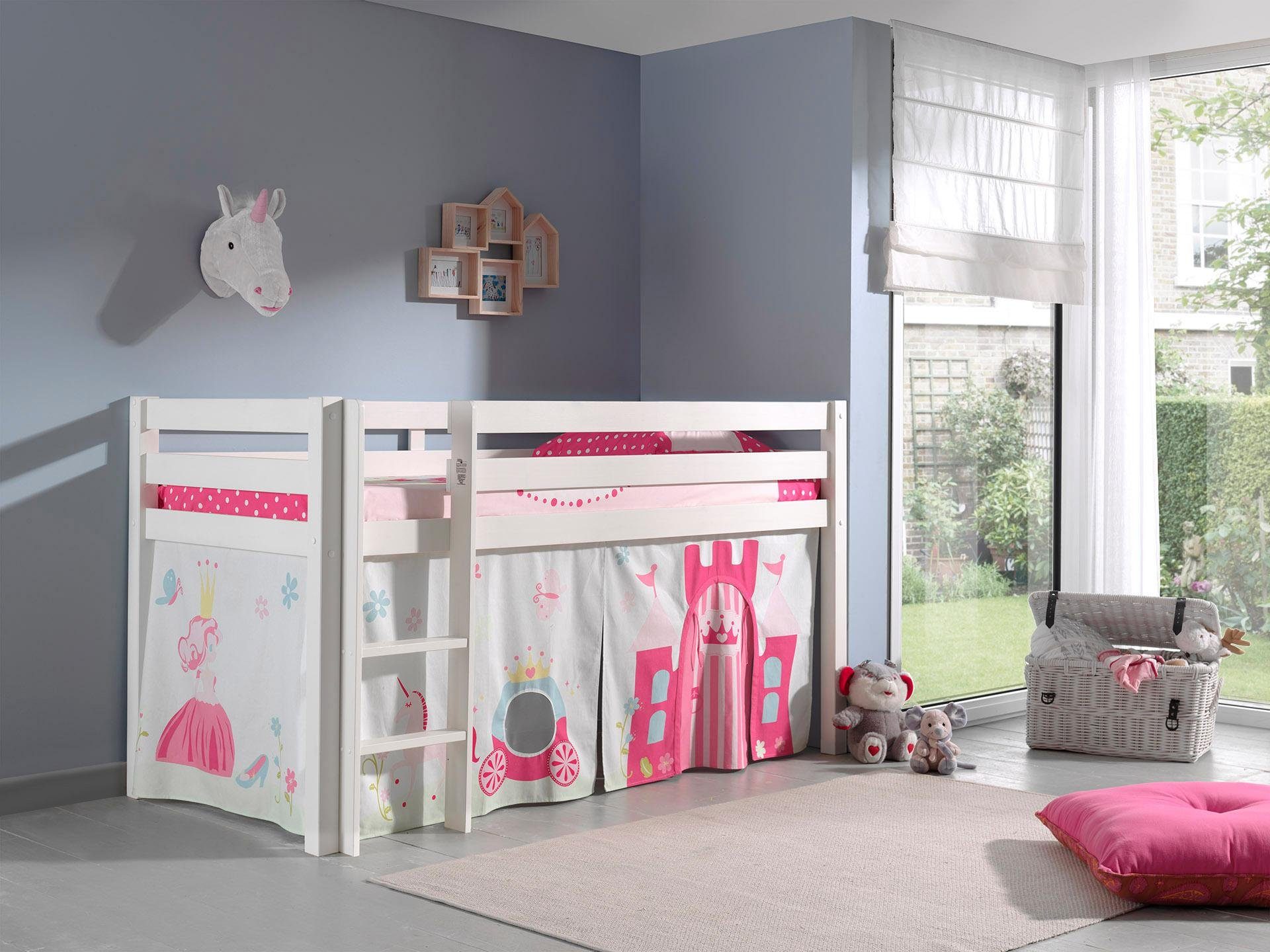 Vipack Hochbett Pino, Spielbett massiv Kiefer, stabil gebaut, 3 Korpusfarben zur Wahl (inkl. Rolllattenrost, Leiter und Absturzschutz, mit oder ohne Rutsche) Textil-Set "Princess", inkl. Vorhang, mit oder ohne Tunnel