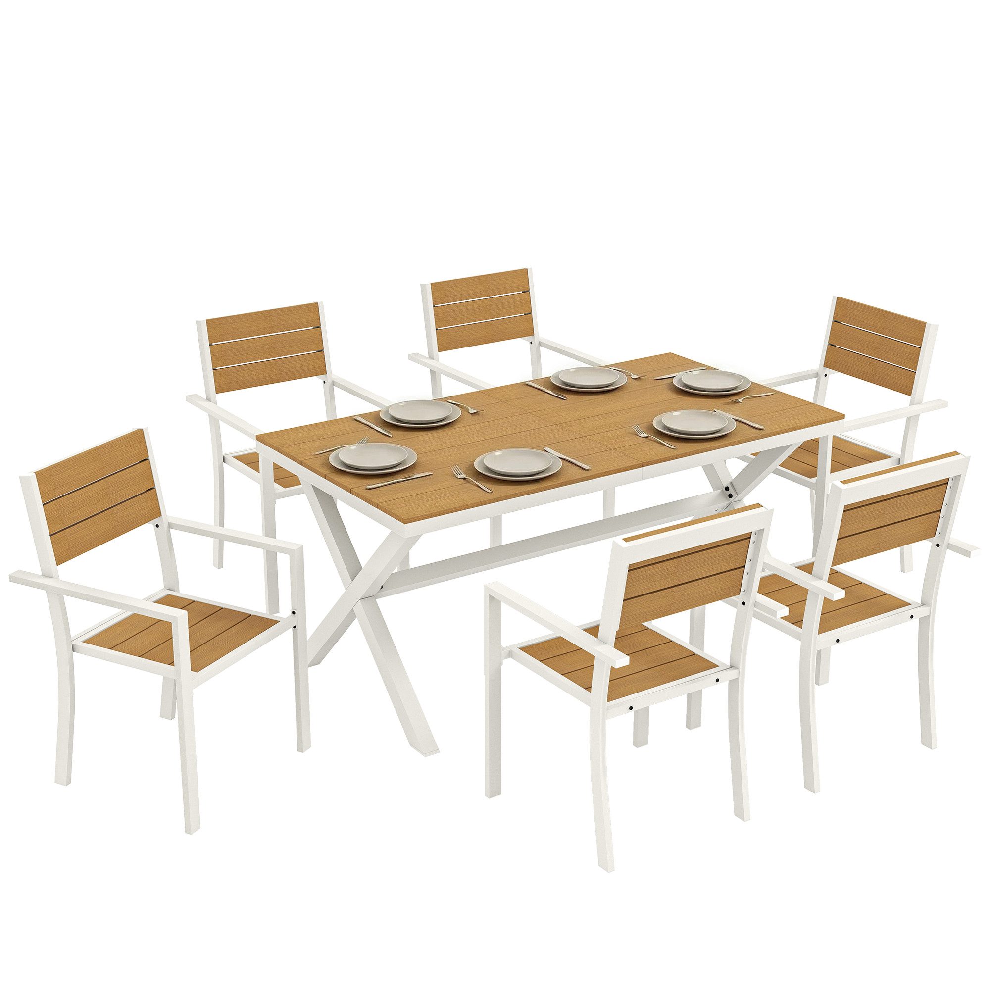 Outsunny Garten-Essgruppe mit 6 stapelbare Stühlen, Holzoptik, Aluminiumrahmen, Lamellsitz, (Sitzgruppe, 7-tlg., Gartenmöbel Set), für Garten Terrasse Teak