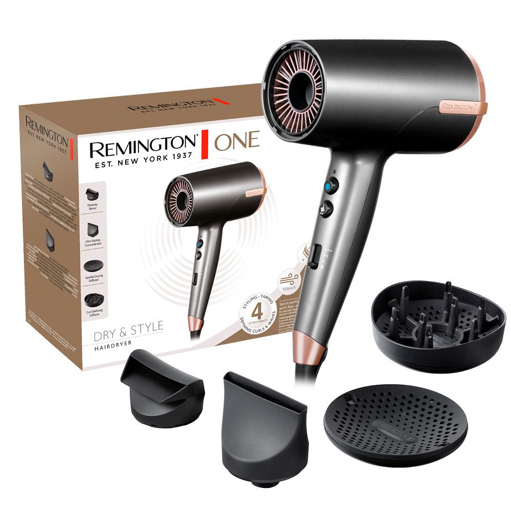 Remington Haartrockner D6077 ONE Dry & Style Hairdryer, 2000 W, 120 km/h Luftstrom, 4 Aufsätze, 8 Heiz-& Geschwindigkeitskombinationen