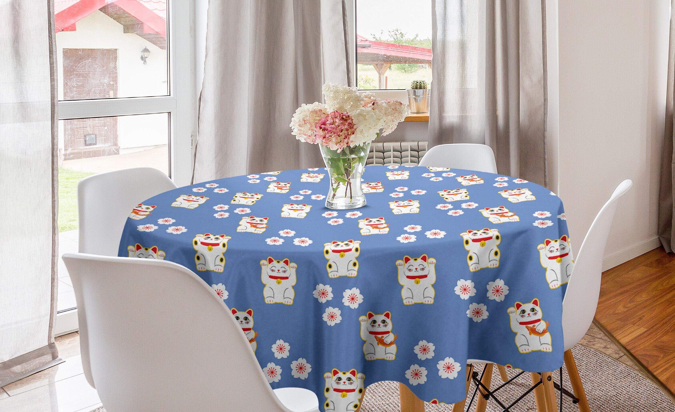Abakuhaus Tischdecke Kreis Tischdecke Abdeckung für Esszimmer Küche Dekoration, Süße Katze Maneki Neko-Katzen-Muster