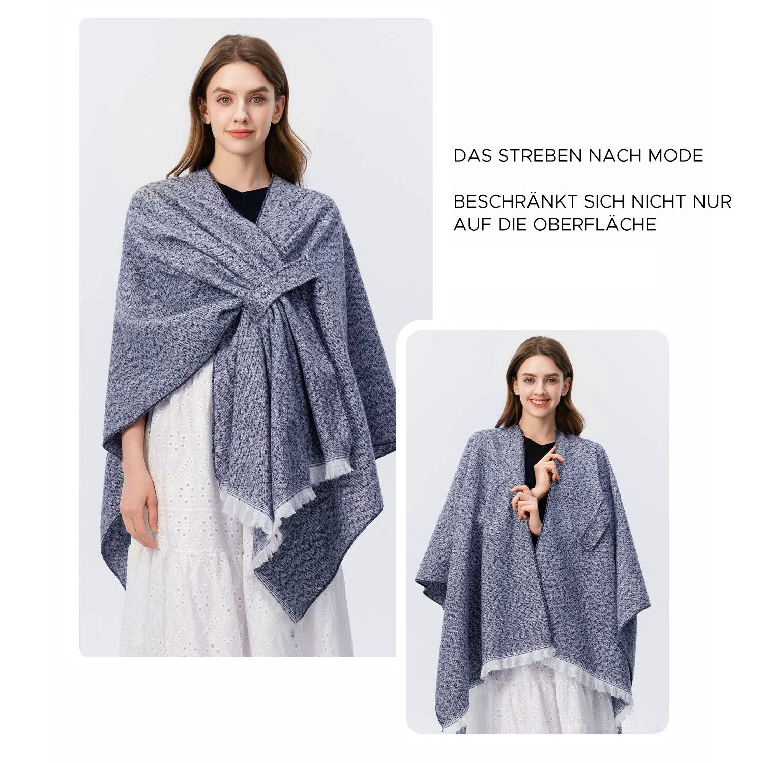 Refttenw Poncho Diagonal gebundener Schlitzumhang mit Quasten,Poncho Damen Winter
