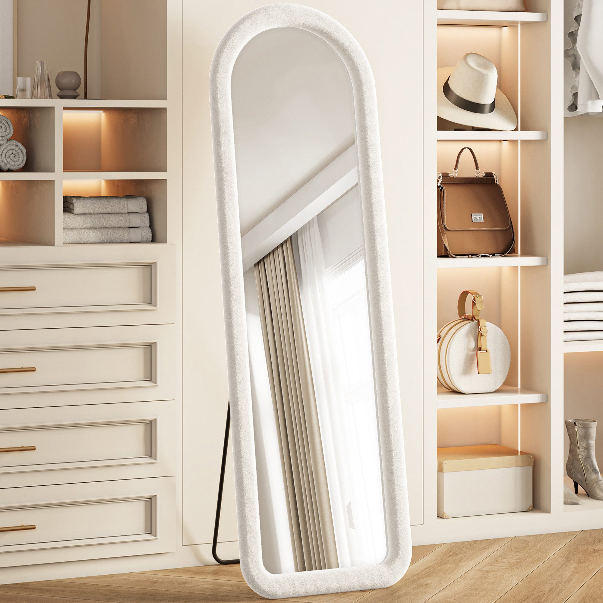 ADWOLT Spiegel Ganzkörperspiegel mit stützenden Racks Wandspiegel,160x50 cm (Set, 1-St), Schwamm-Kantenband,Standspiegel,HD großer Wandspiegel,Weiß,Bogen