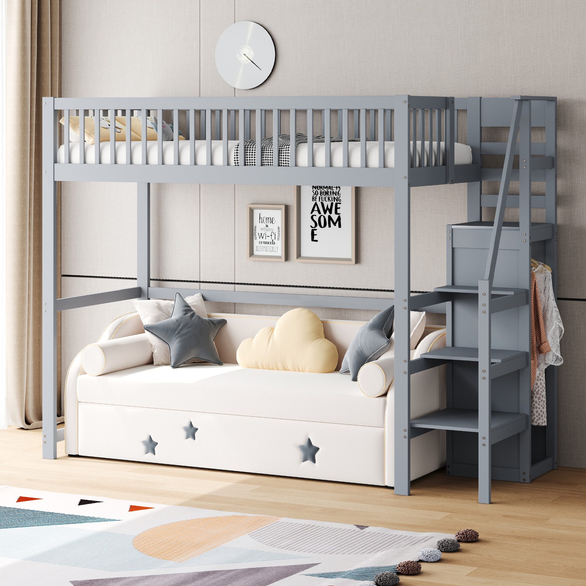 Hochbett 90x200 Kinderbett mit treppe und regal,Jugendbett ohne Matratze