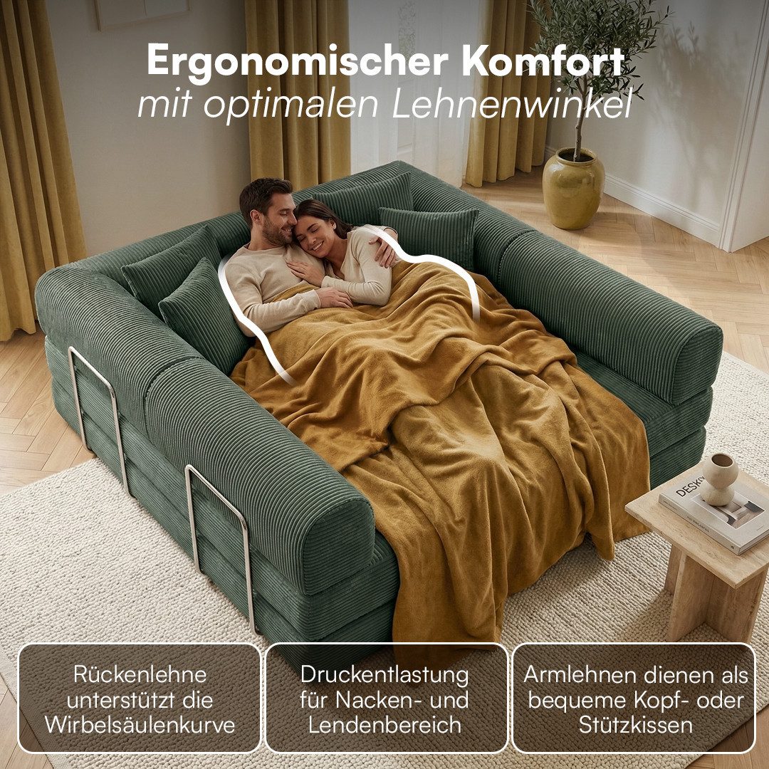 skølm Sofa & Sessel Lofn aus Vollschaum Cord, umwandelbar zum Schlafsofa/-Sessel, Dunkelgrün, Ecksofa 300 cm breit, 4 Sitzer, kein Aufbau erforderlich, vakuumie – Bild 4 von 5