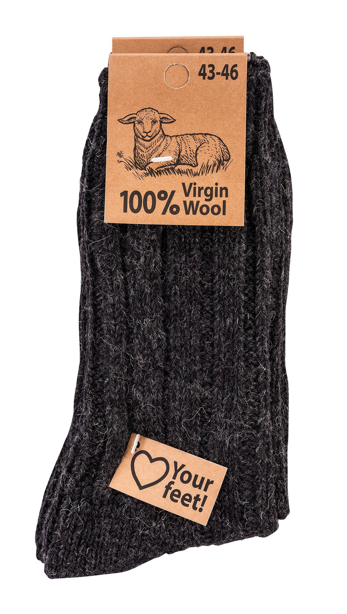 (2 Grobstrick 100% anthrazit "Virgin Warme Socken Wowerat Schafwolle Wollsocken Paar) Wool"