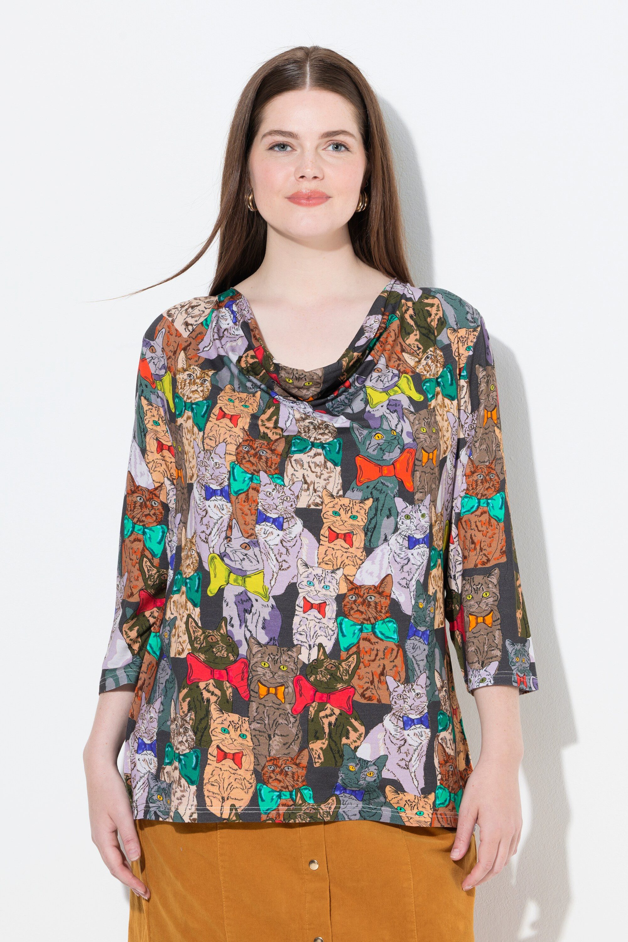 Ulla Popken T-Shirt ShirtTierprint Wasserfallkragen 3/4-Arm günstig online kaufen