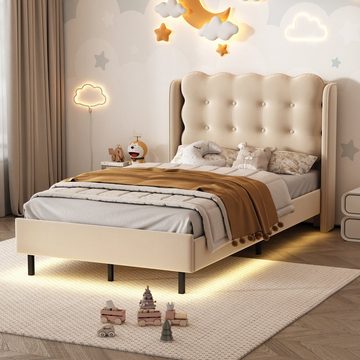 HAUSS SPLOE Polsterbett Polsterbett Funktionsbett Bettrahmen Kinderbett Einzelbett (mit modelliertem Kopfteil und warmgelben Lichtstreifen, Einzelbett mit Holzlatten, Samt), 90*200 cm Beige