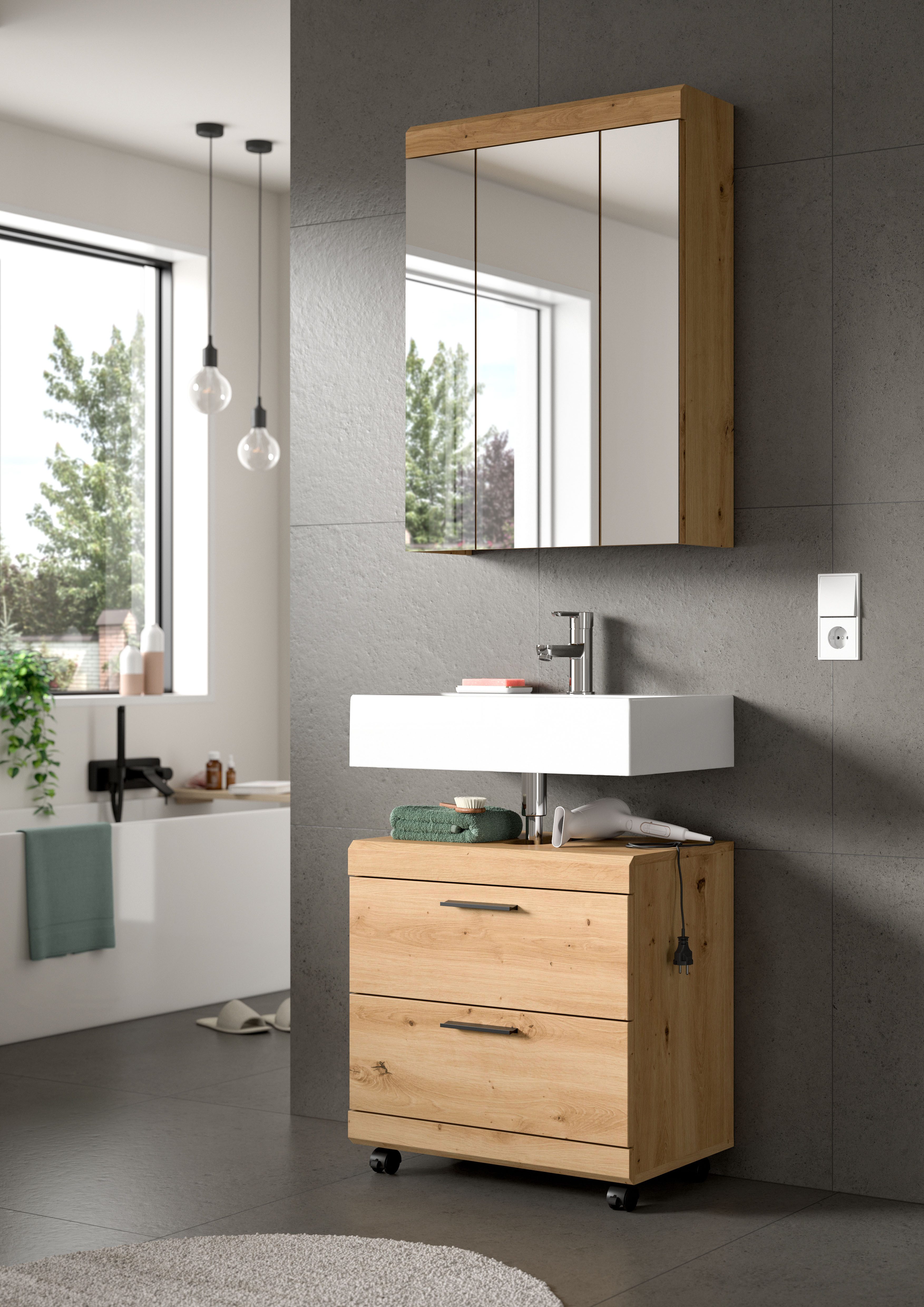 welltime Waschbeckenunterschrank SIENA, Breite 60cm, 2 Türen oder 2 Schubkästen, auf Rollen, MDF-Front (TOPSELLER!, mit Siphonausschnitt 10x25 cm) in verschiedenen Farben erhältlich, Badmöbel, Badschrank, Kommode, Bad